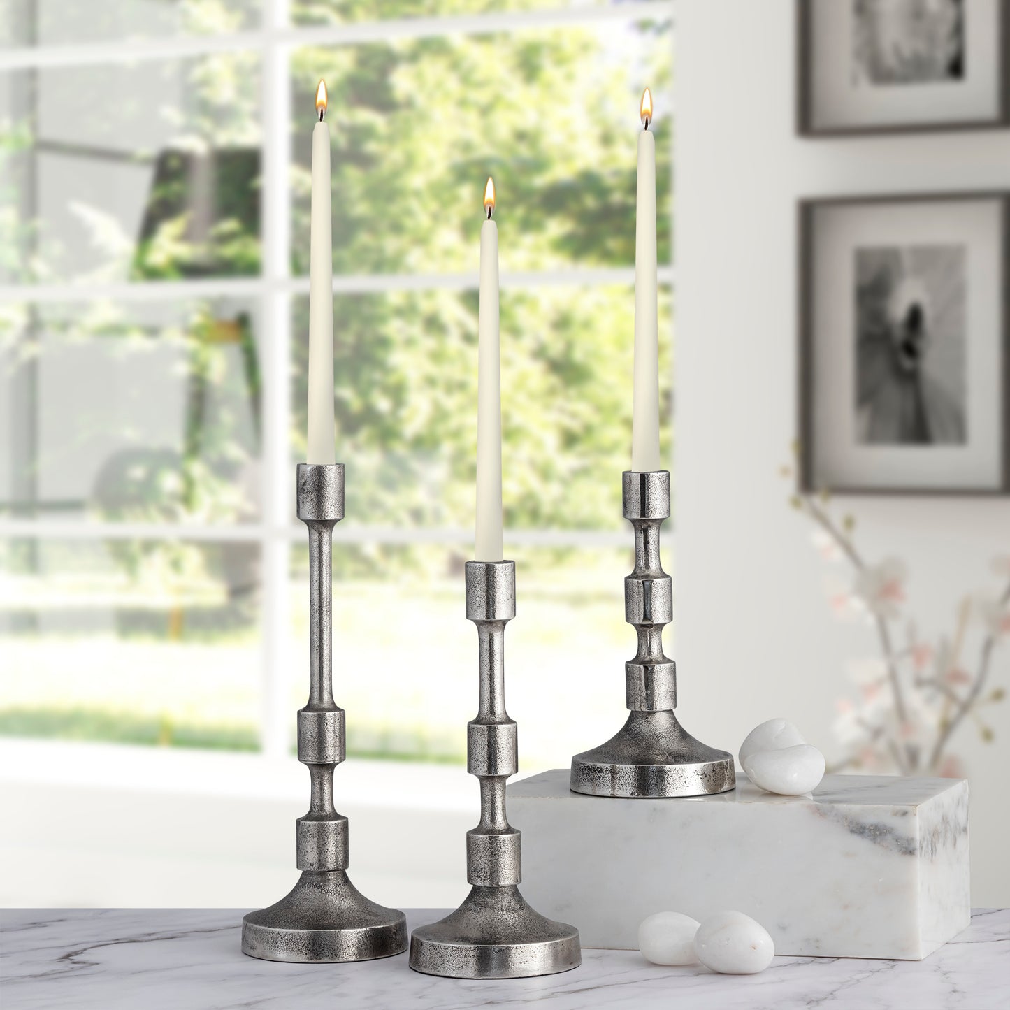 Camden Set of 3 Candlesticks Antique Silver Finish