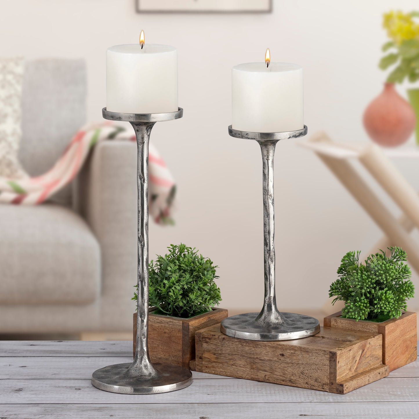 Marlow Set of 2 Hammered Candlesticks Antique Silver Finish
