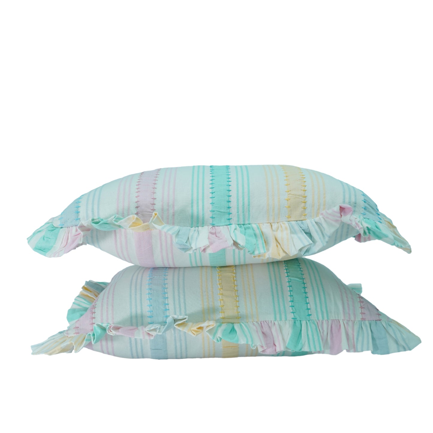Rainbow Seersucker Cotton Lumbar Cushion Cover with Ruffle Trim - 30x50cm