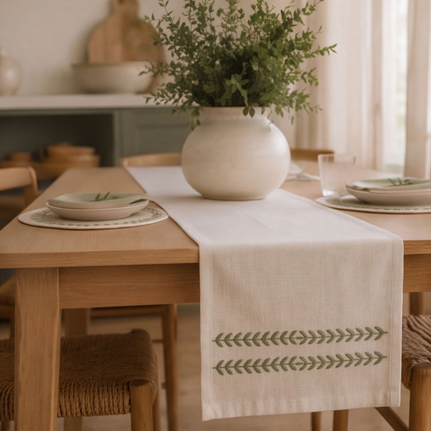 A light beige linen table runner with green embroidered leaf patterns, styled on a wooden dining table.