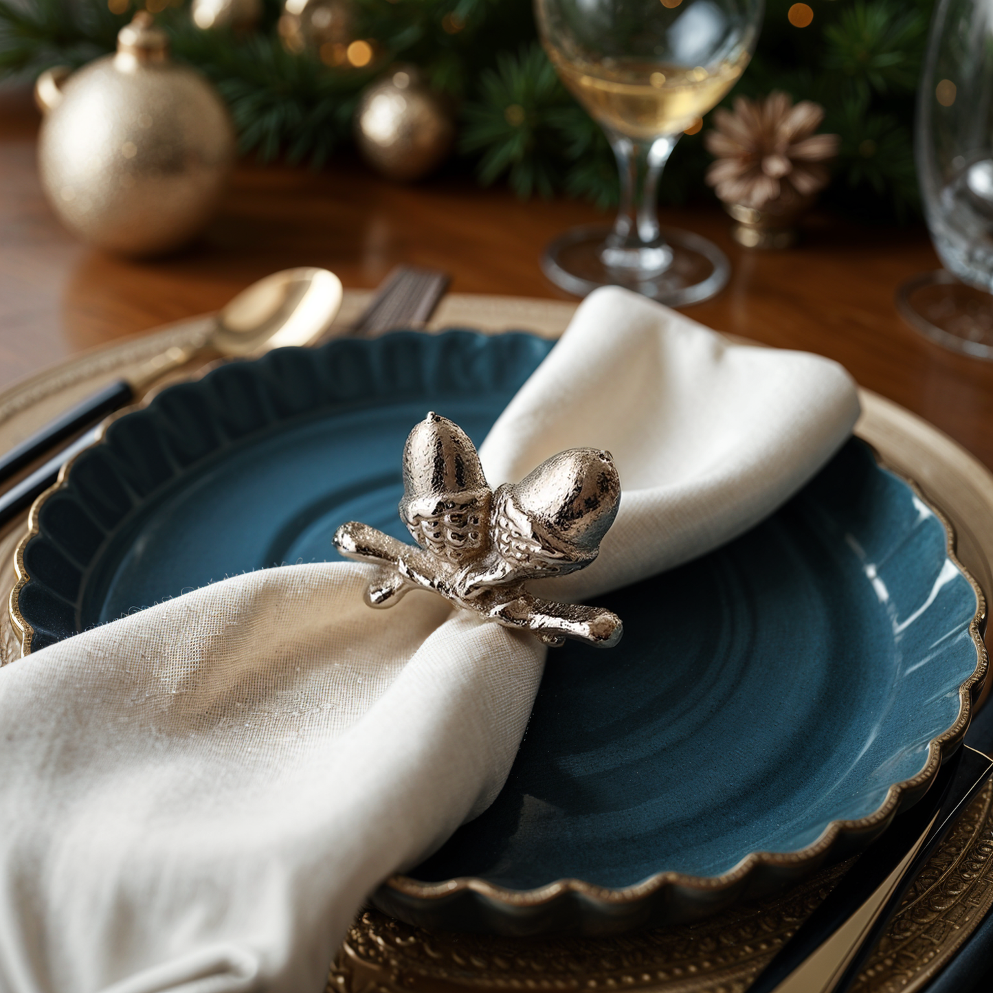 Acorn Metal Napkin Ring Silver Set of 4
