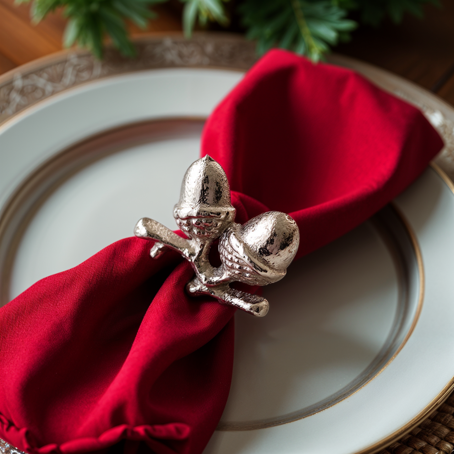 Acorn Metal Napkin Ring Silver Set of 4