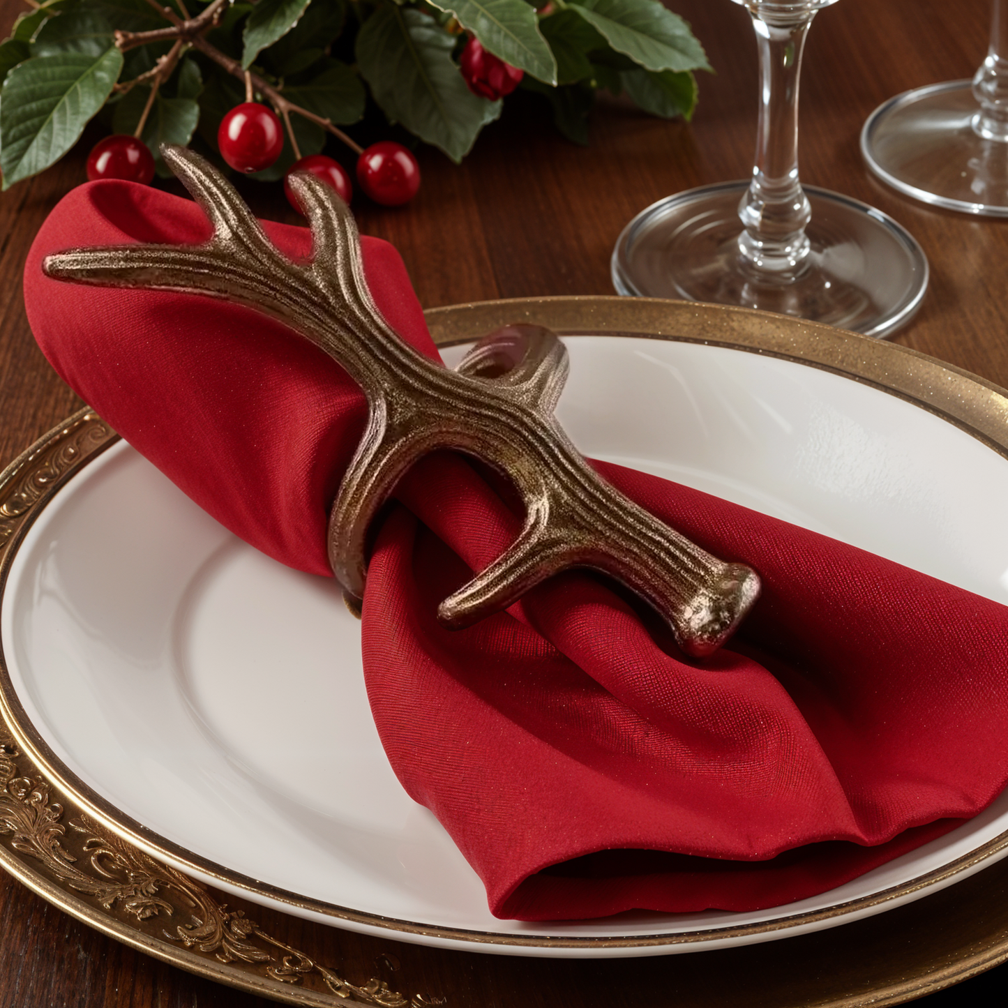 Antler Metal Napkin Ring Antique Brass Set of 4