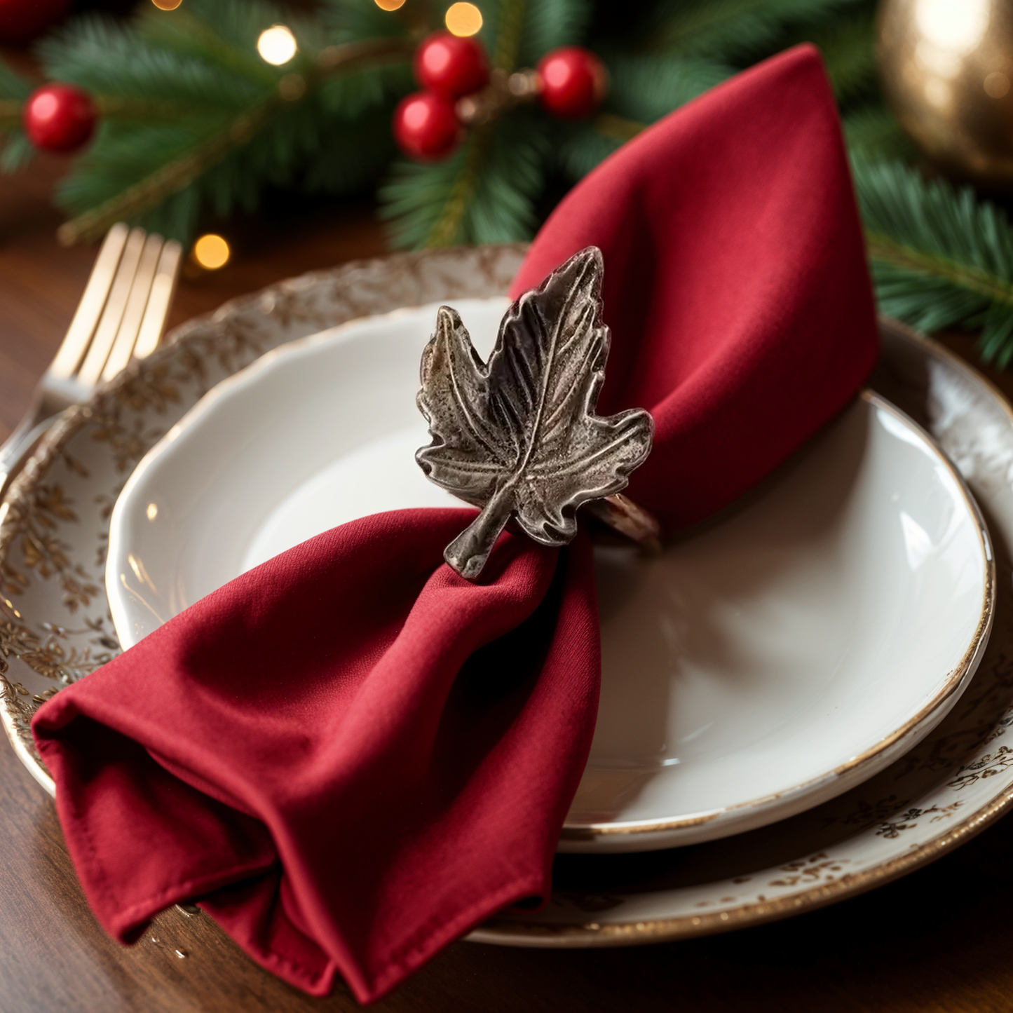 Autumn Maple Leaf Metal Napkin Ring Antique Silver Set of 4