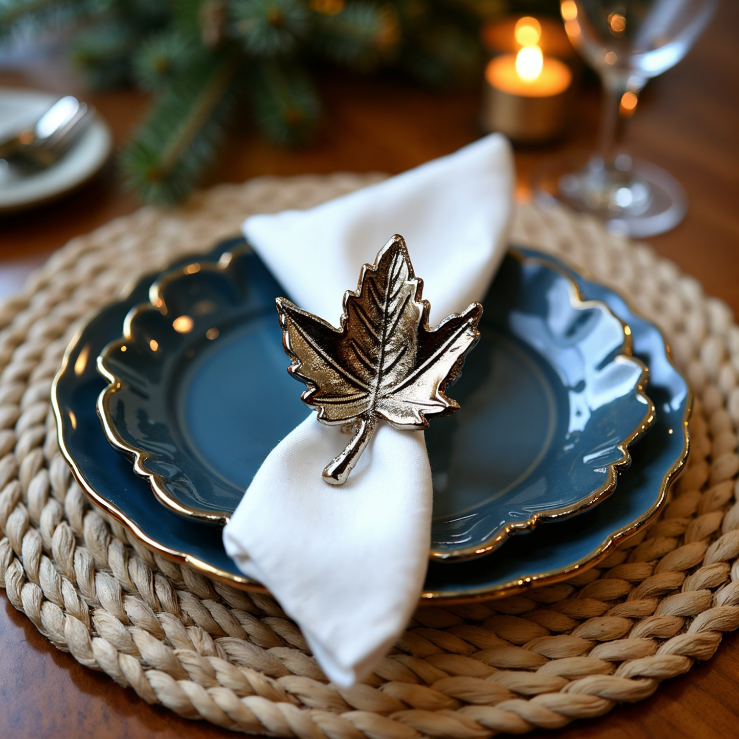 Autumn Maple Leaf Metal Napkin Ring Silver Set of 4
