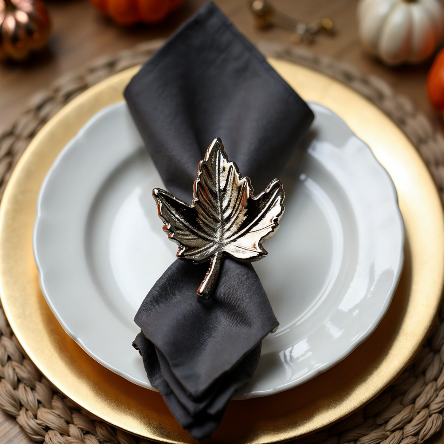Autumn Maple Leaf Metal Napkin Ring Silver Set of 4