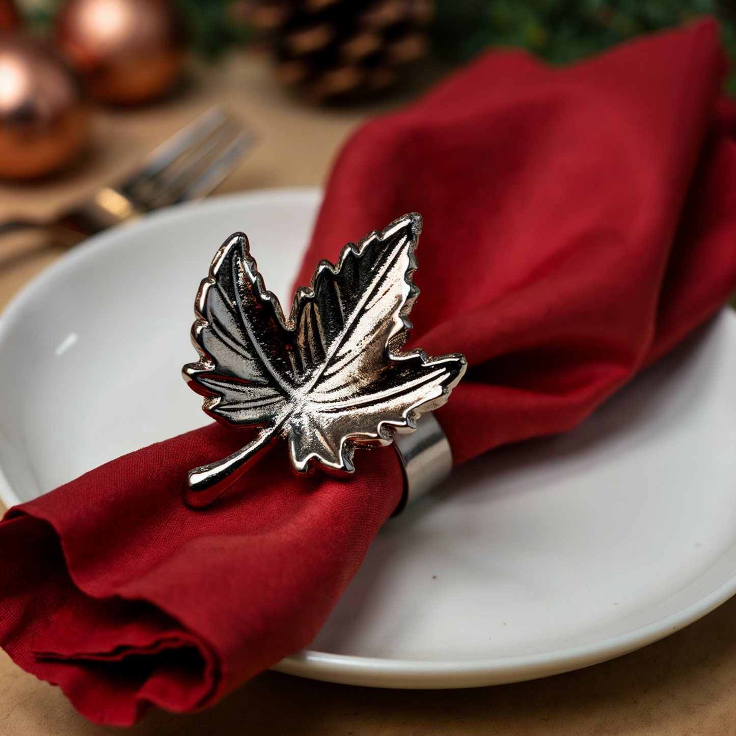 Autumn Maple Leaf Metal Napkin Ring Silver Set of 4