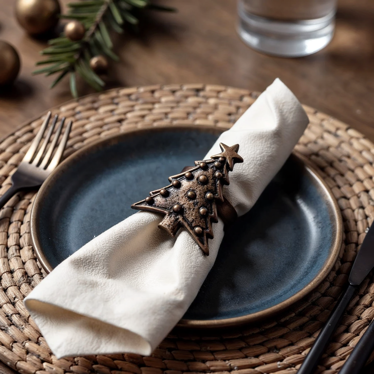 Christmas Tree Metal Napkin Ring Antique Brass Set of 4