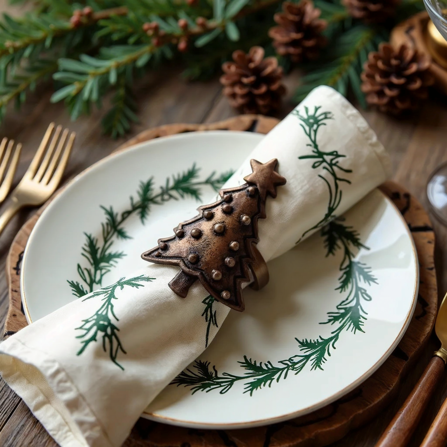 Christmas Tree Metal Napkin Ring Antique Brass Set of 4