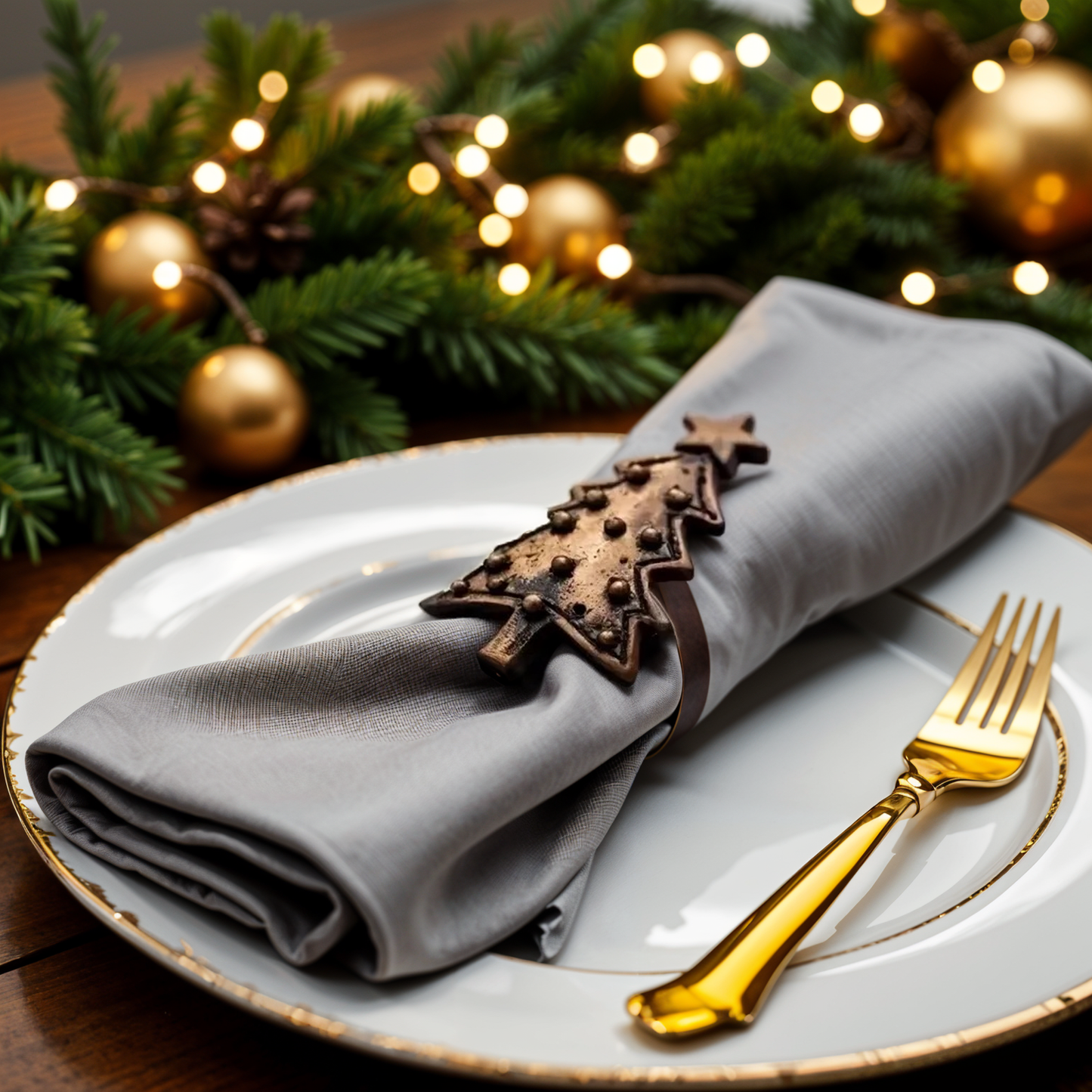 Christmas Tree Metal Napkin Ring Antique Brass Set of 4