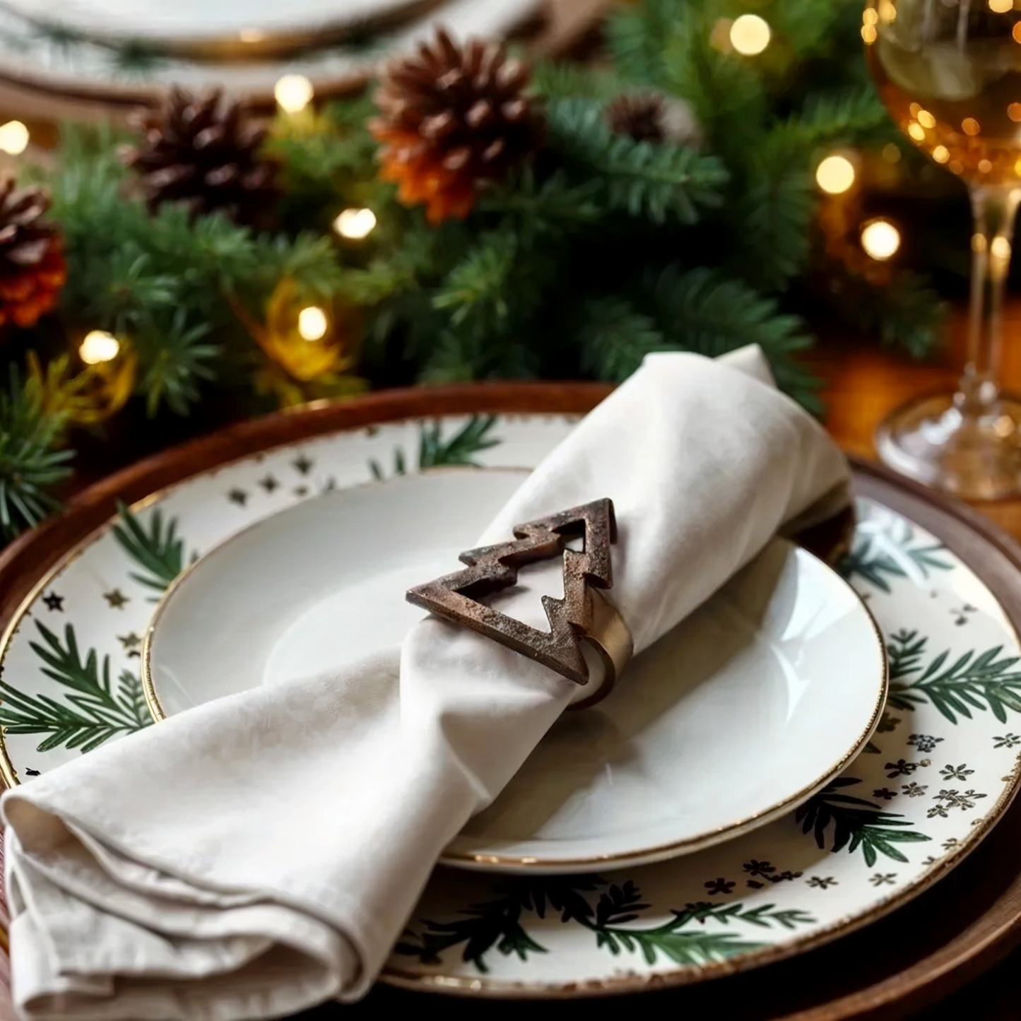 Christmas Tree Frame Metal Napkin Ring Antique Brass Set of 4