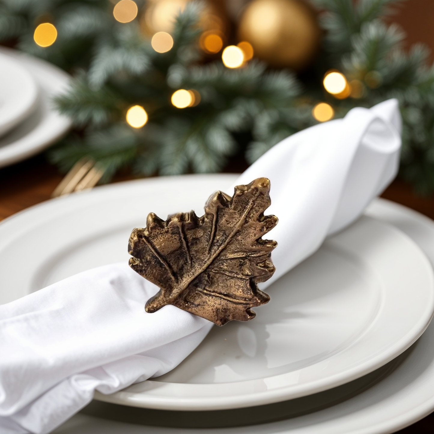 Classic Leaf Metal Napkin Ring Antique Brass Set of 4