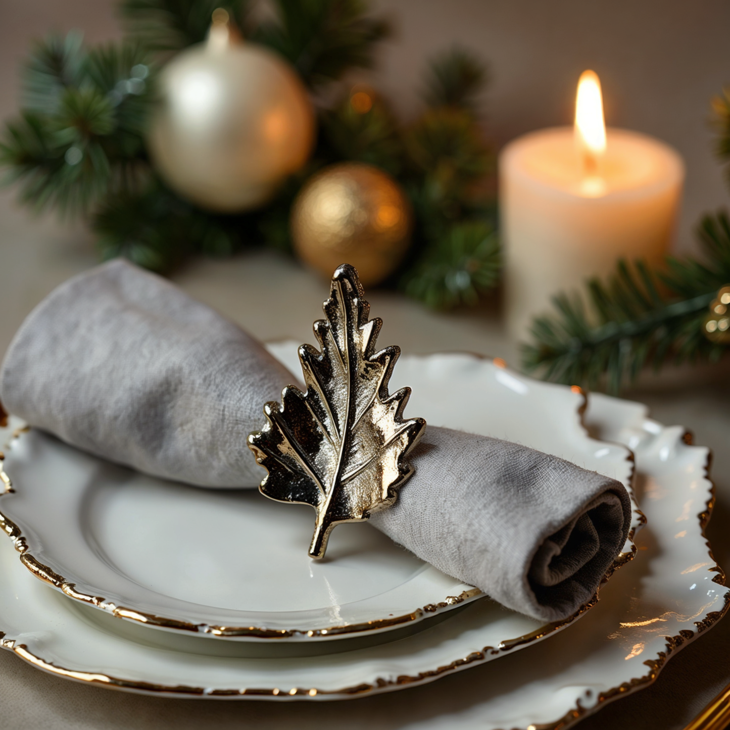 Classic Leaf Metal Napkin Ring Silver Set of 4