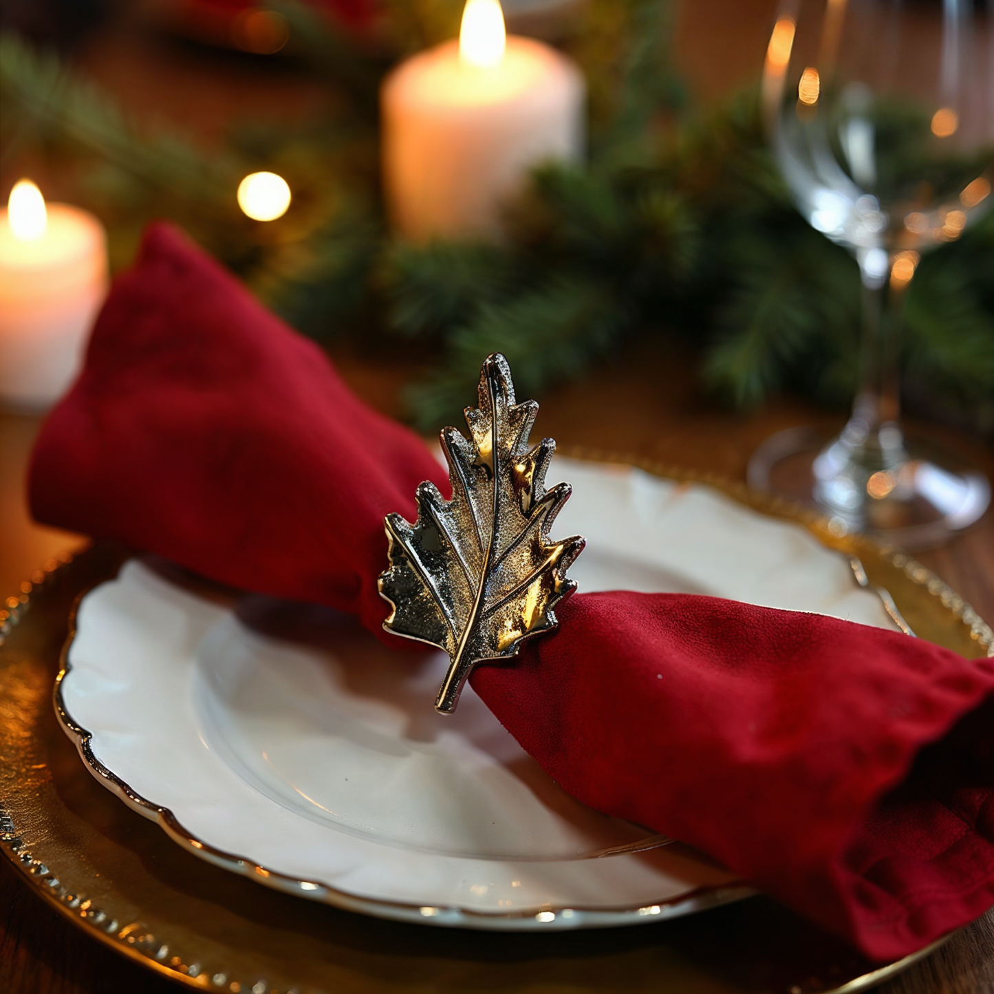 Classic Leaf Metal Napkin Ring Silver Set of 4