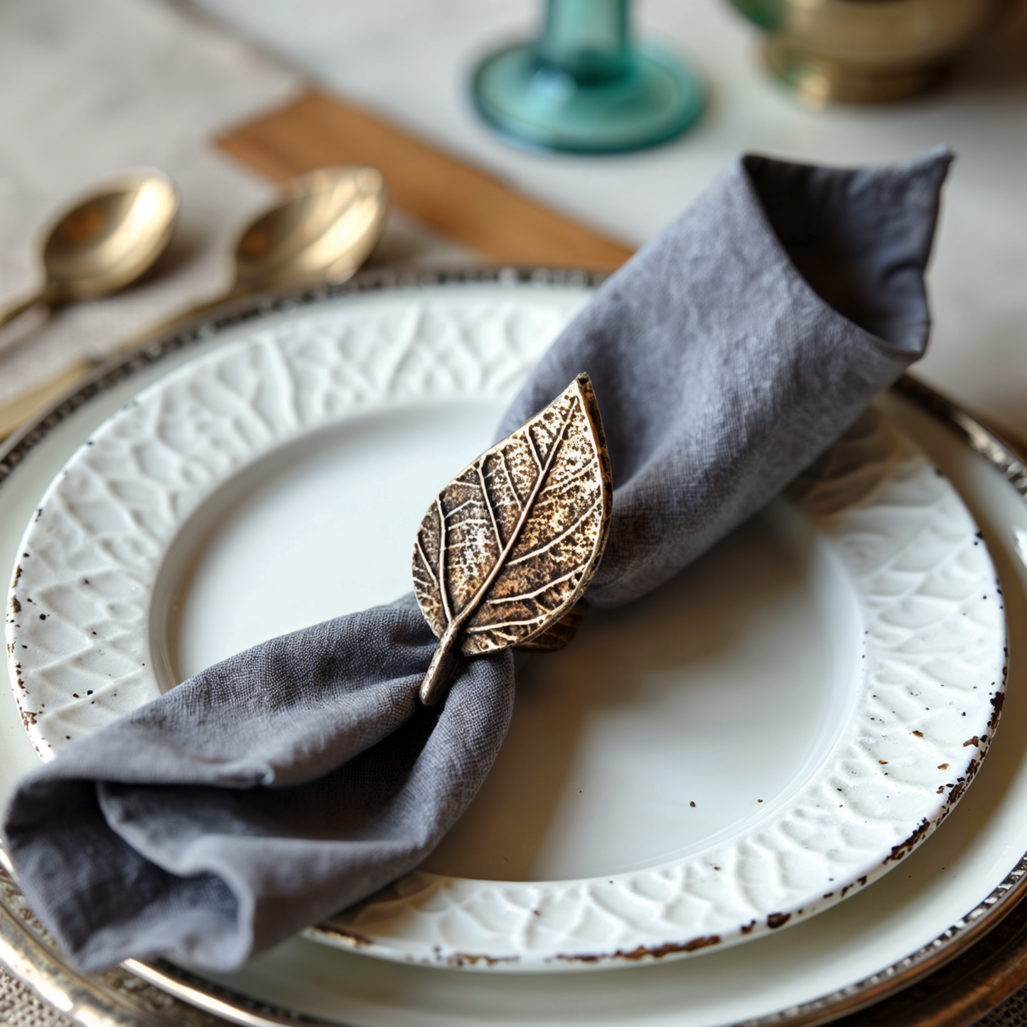 Fall Leaf Metal Napkin Ring Antique Silver Set of 4