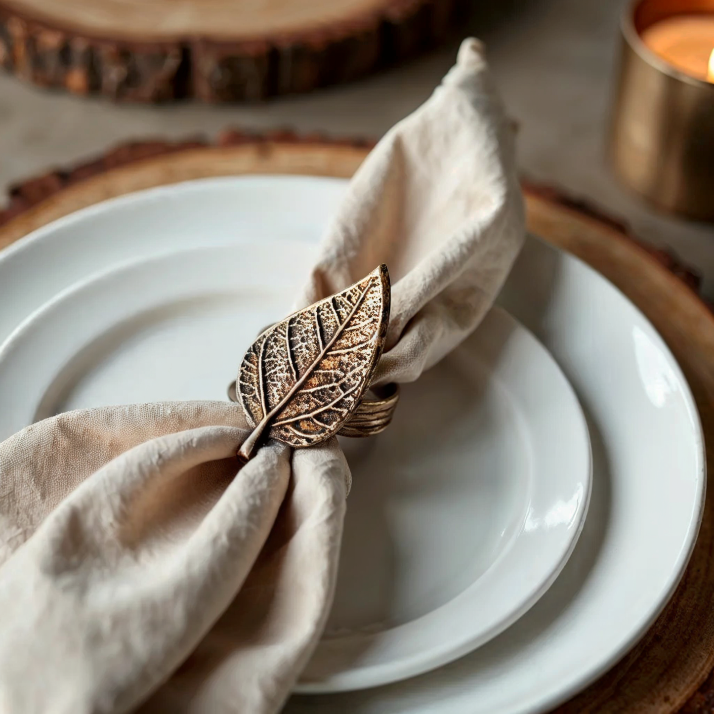Fall Leaf Metal Napkin Ring Antique Silver Set of 4