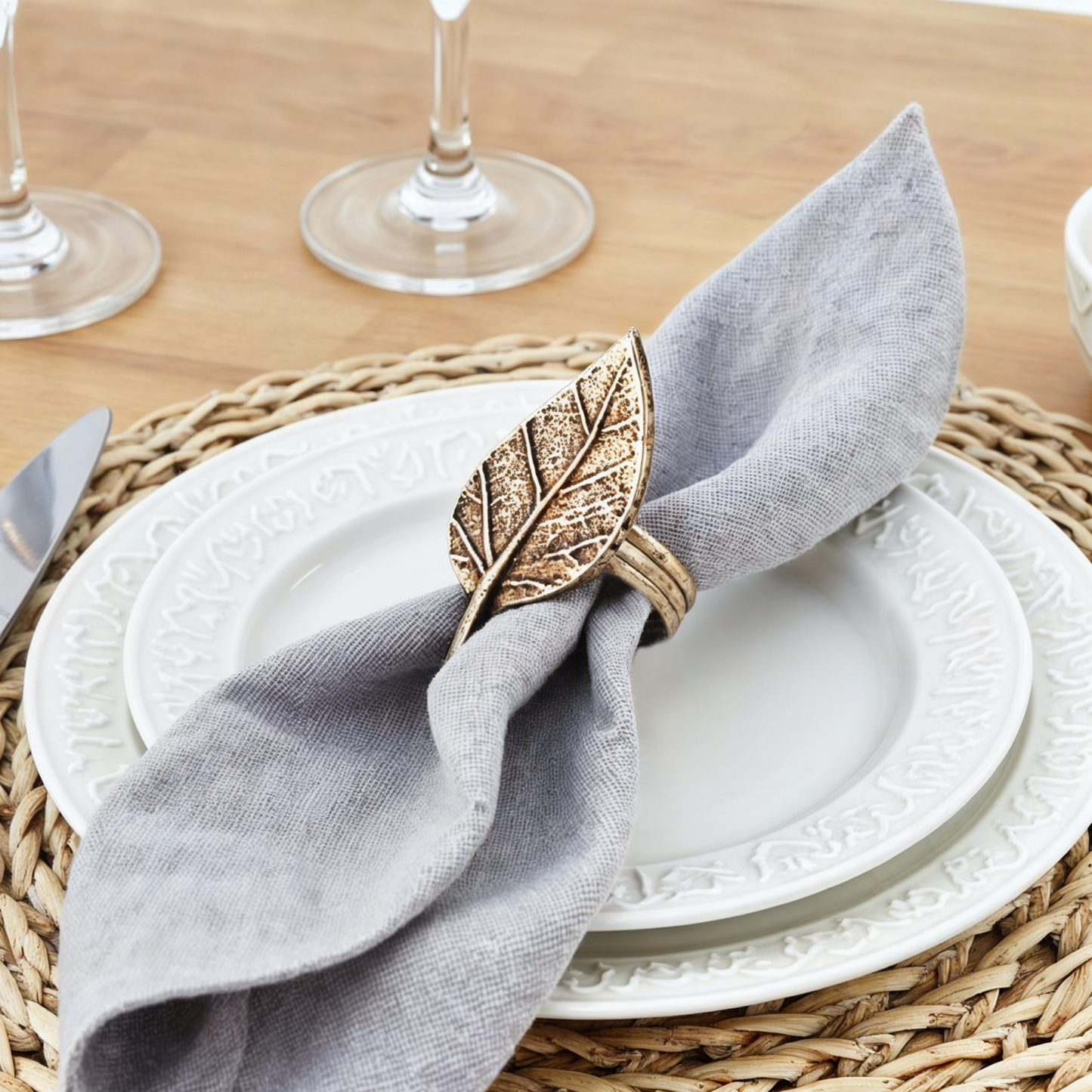 Fall Leaf Metal Napkin Ring Antique Silver Set of 4