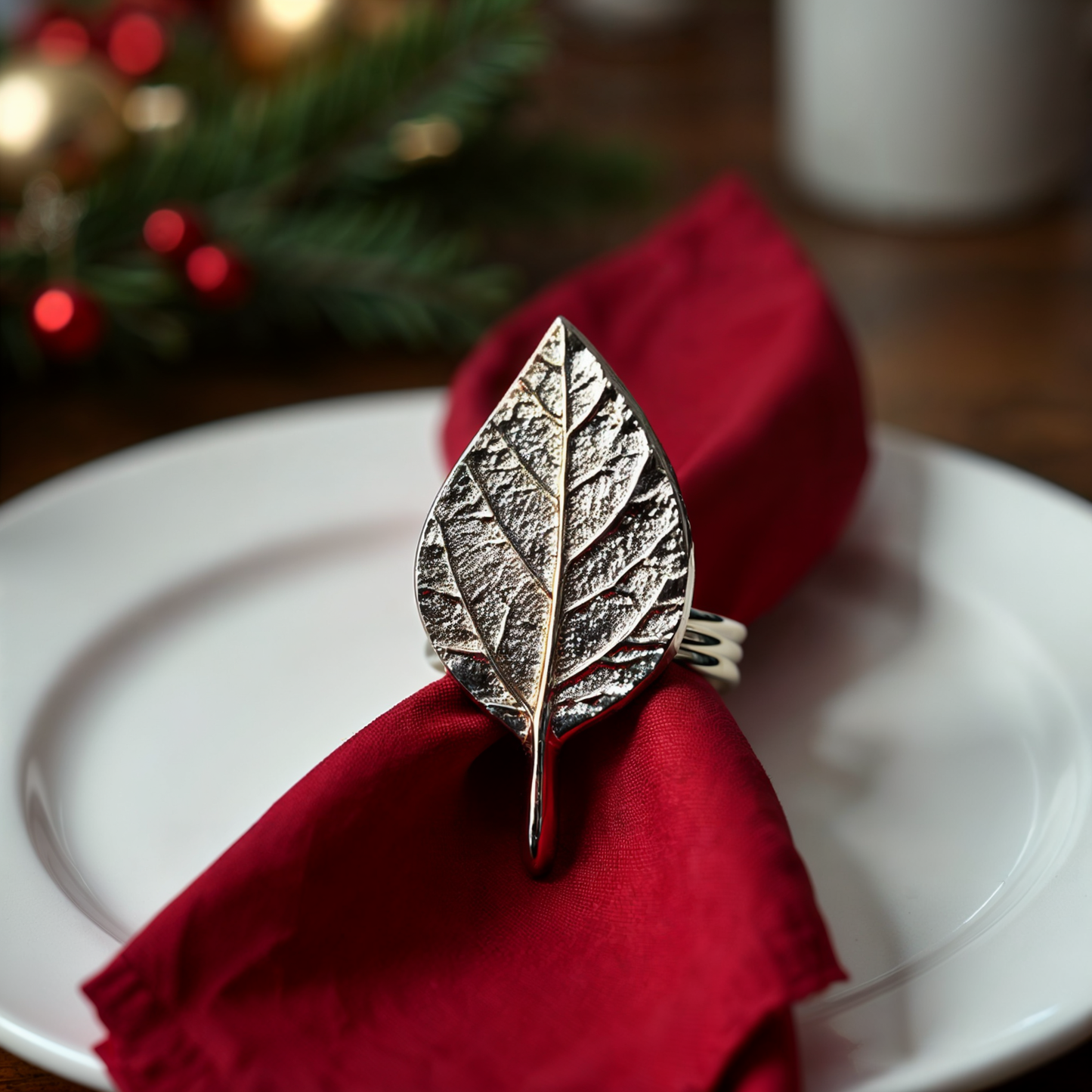 Fall Leaf Metal Napkin Ring Silver Set of 4
