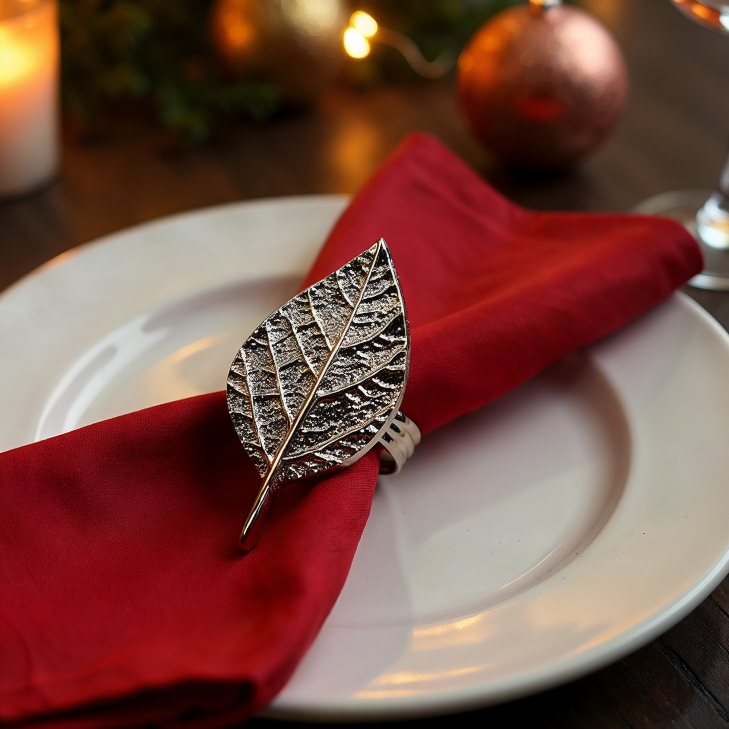 Fall Leaf Metal Napkin Ring Silver Set of 4