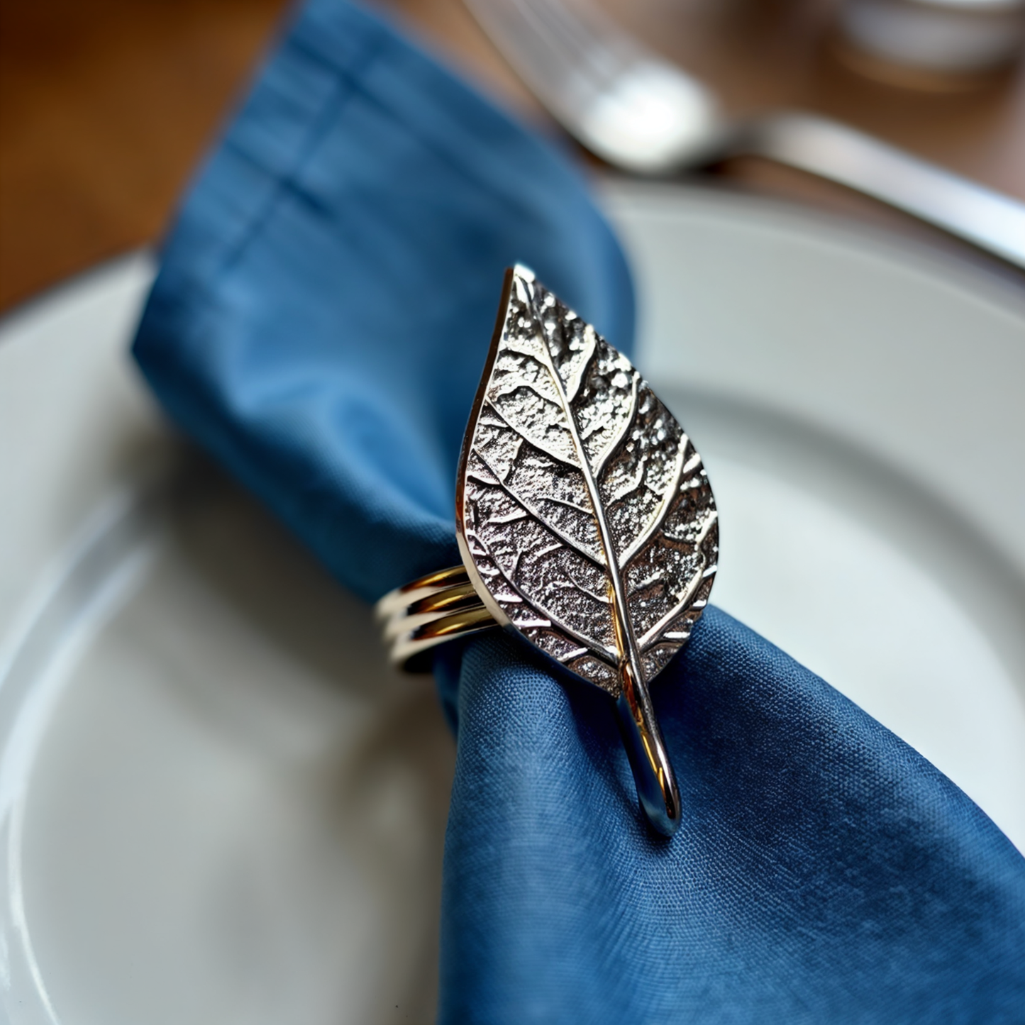 Fall Leaf Metal Napkin Ring Silver Set of 4