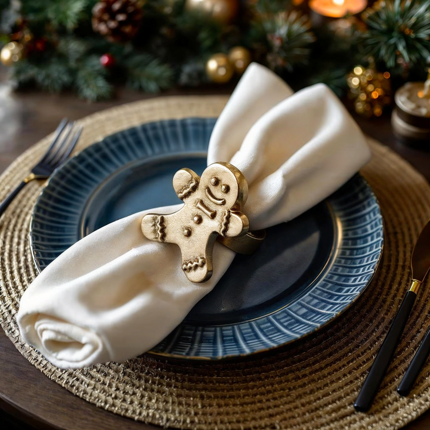 Gingerbread Man Metal Napkin Ring Gold Set of 4