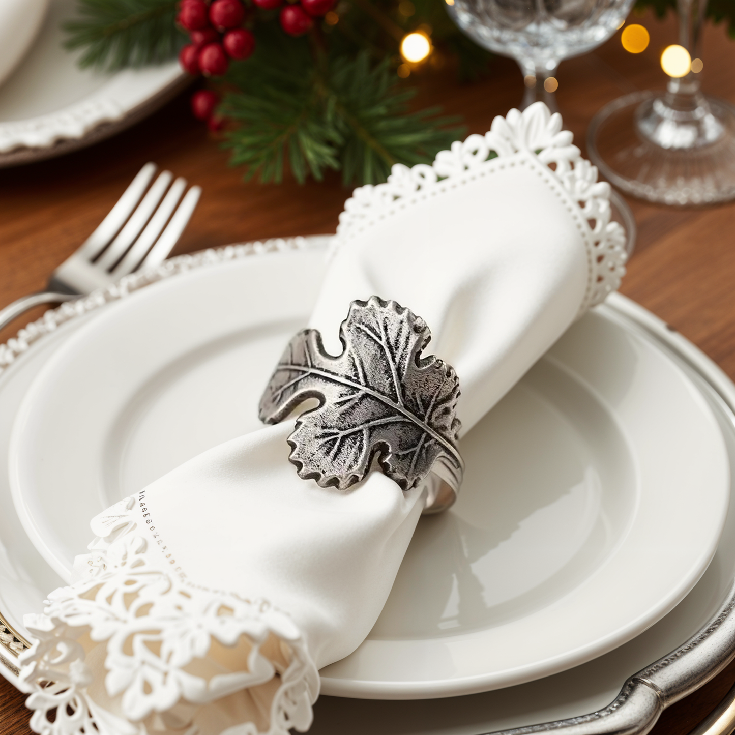 Maple Leaf Metal Napkin Ring Antique Silver Set of 4