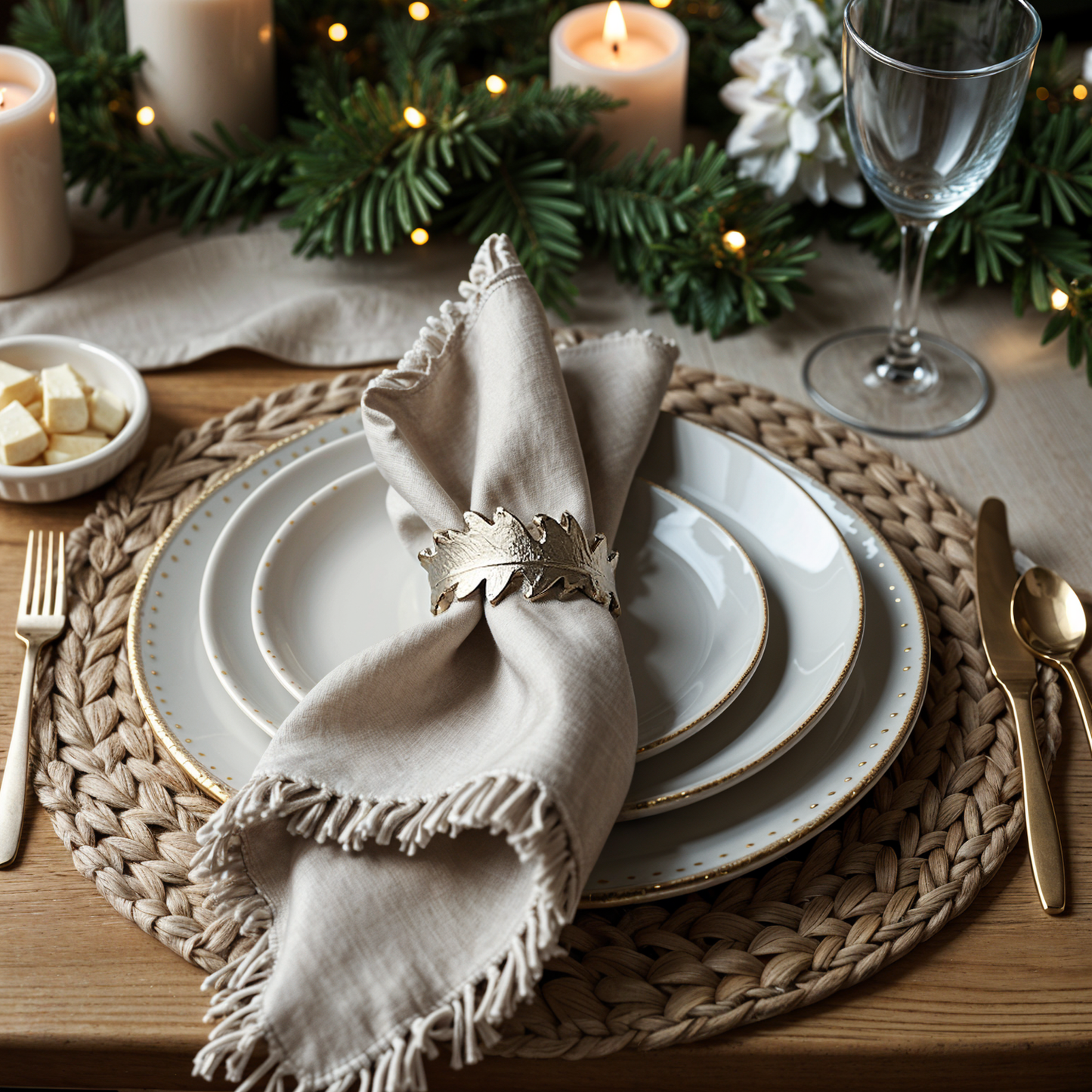 Oak Leaf Metal Napkin Ring Silver Set of 4