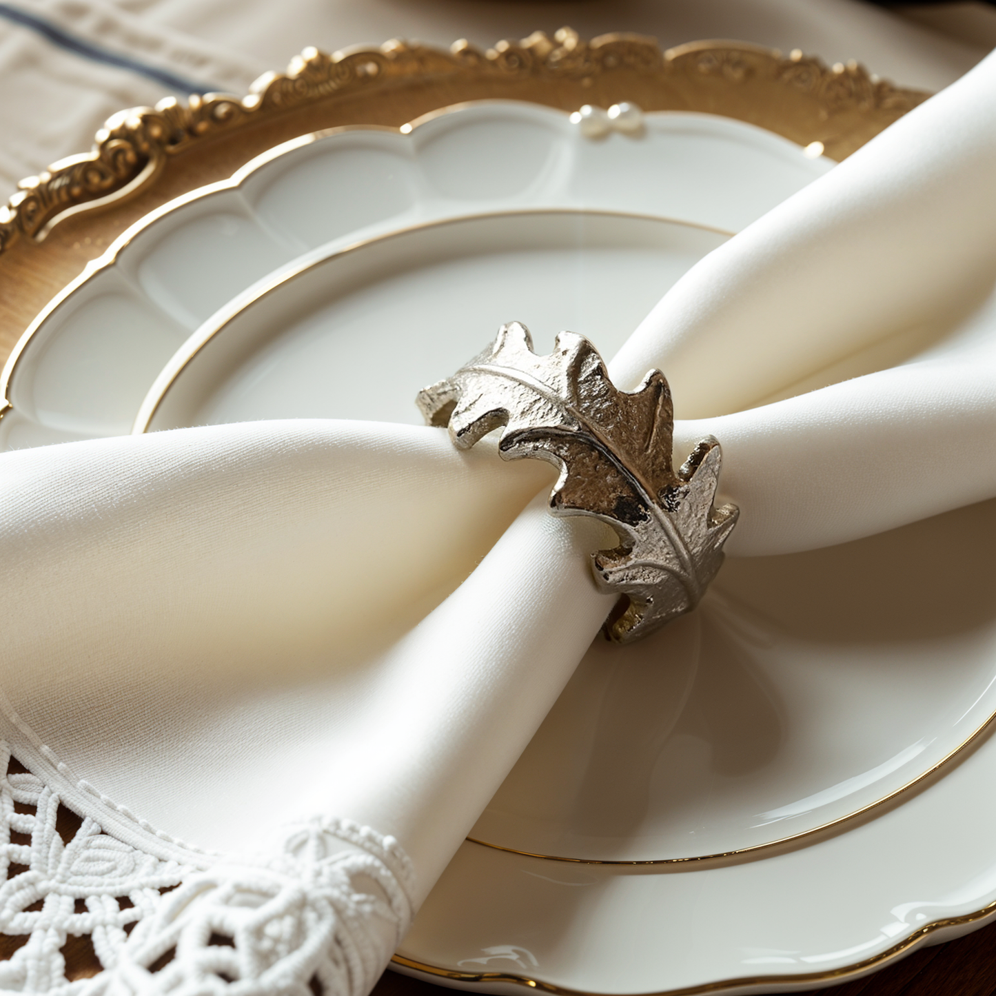 Oak Leaf Metal Napkin Ring Silver Set of 4