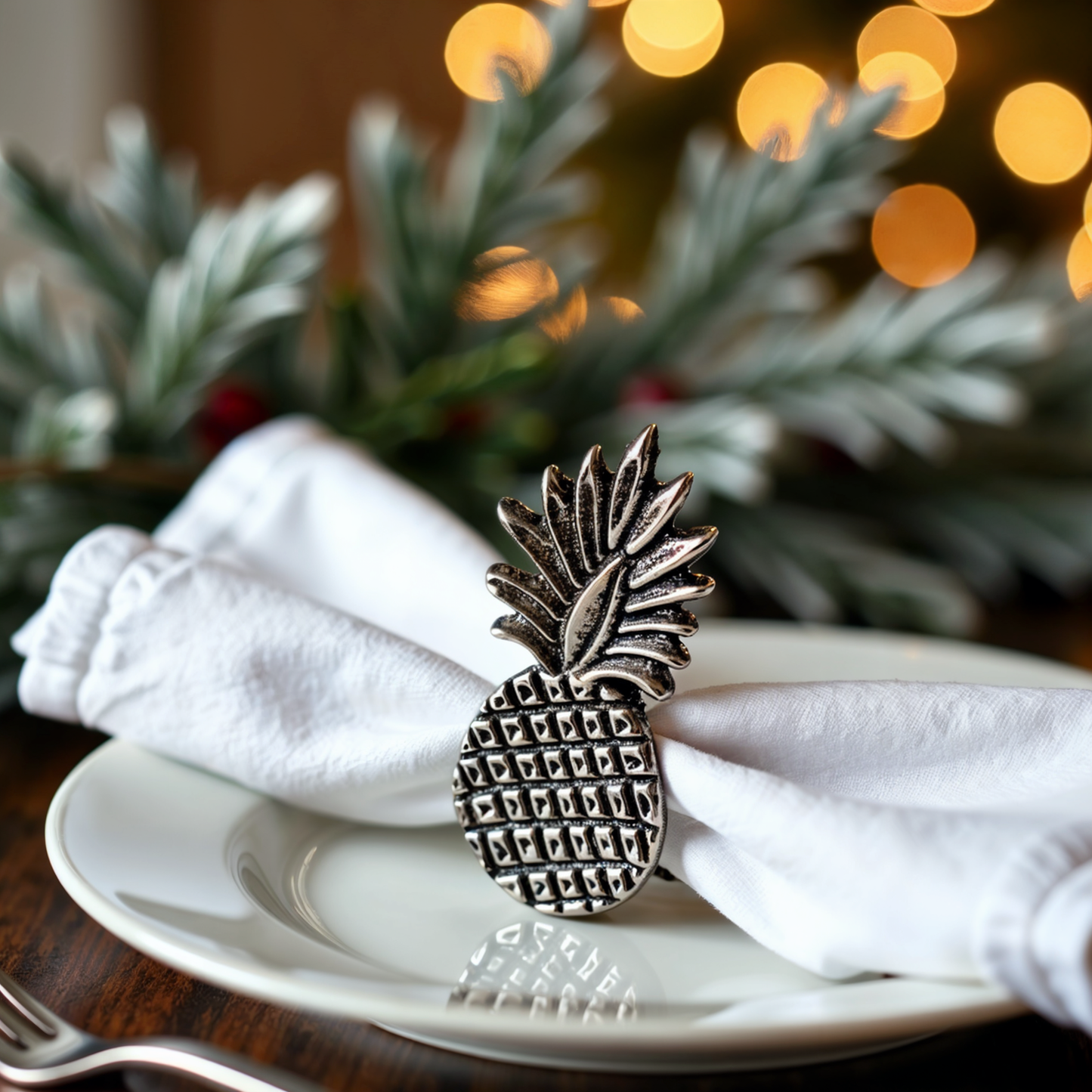 Pineapple Metal Napkin Ring Antique Silver Set of 4