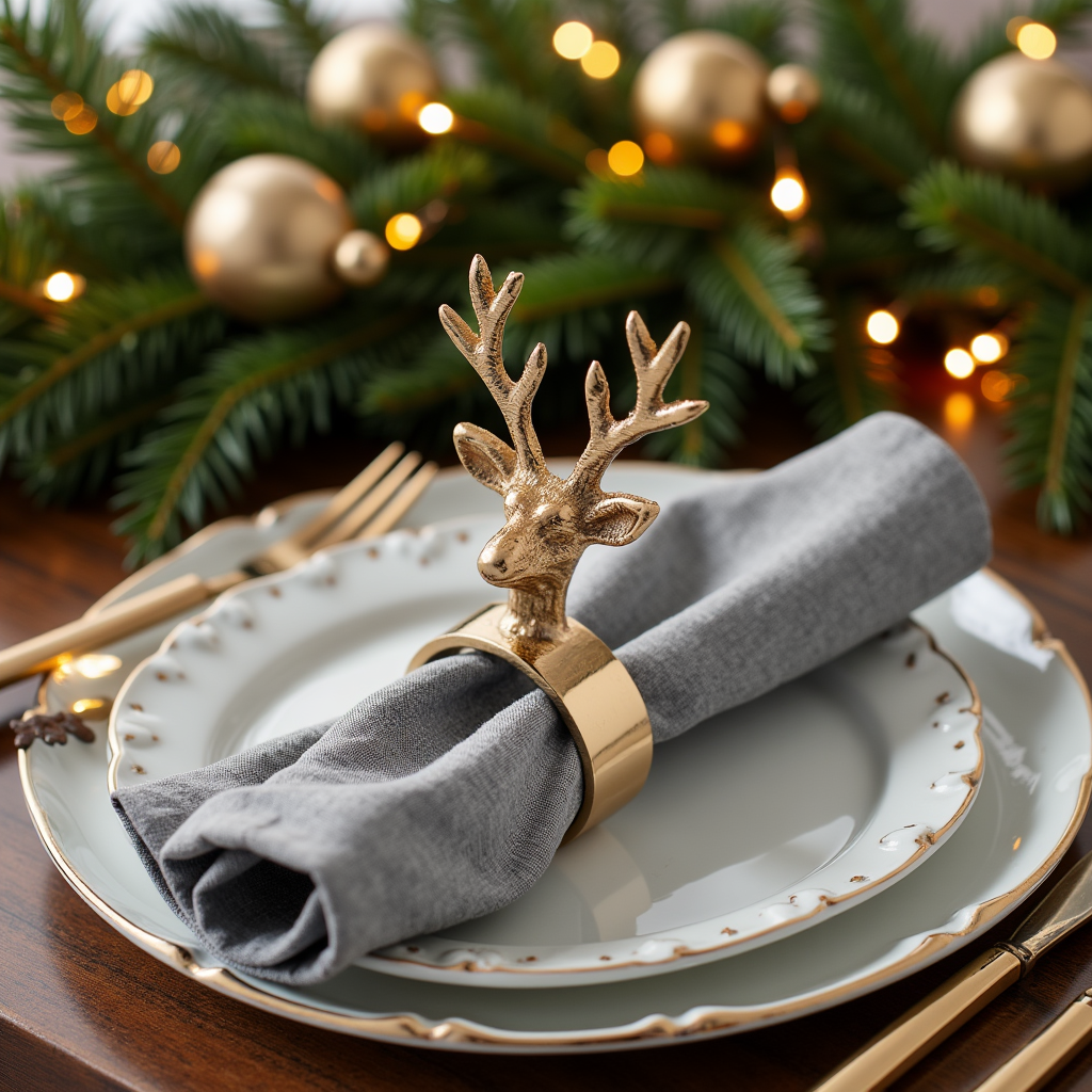 Prancer Reindeer Metal Napkin Ring Gold Set of 4