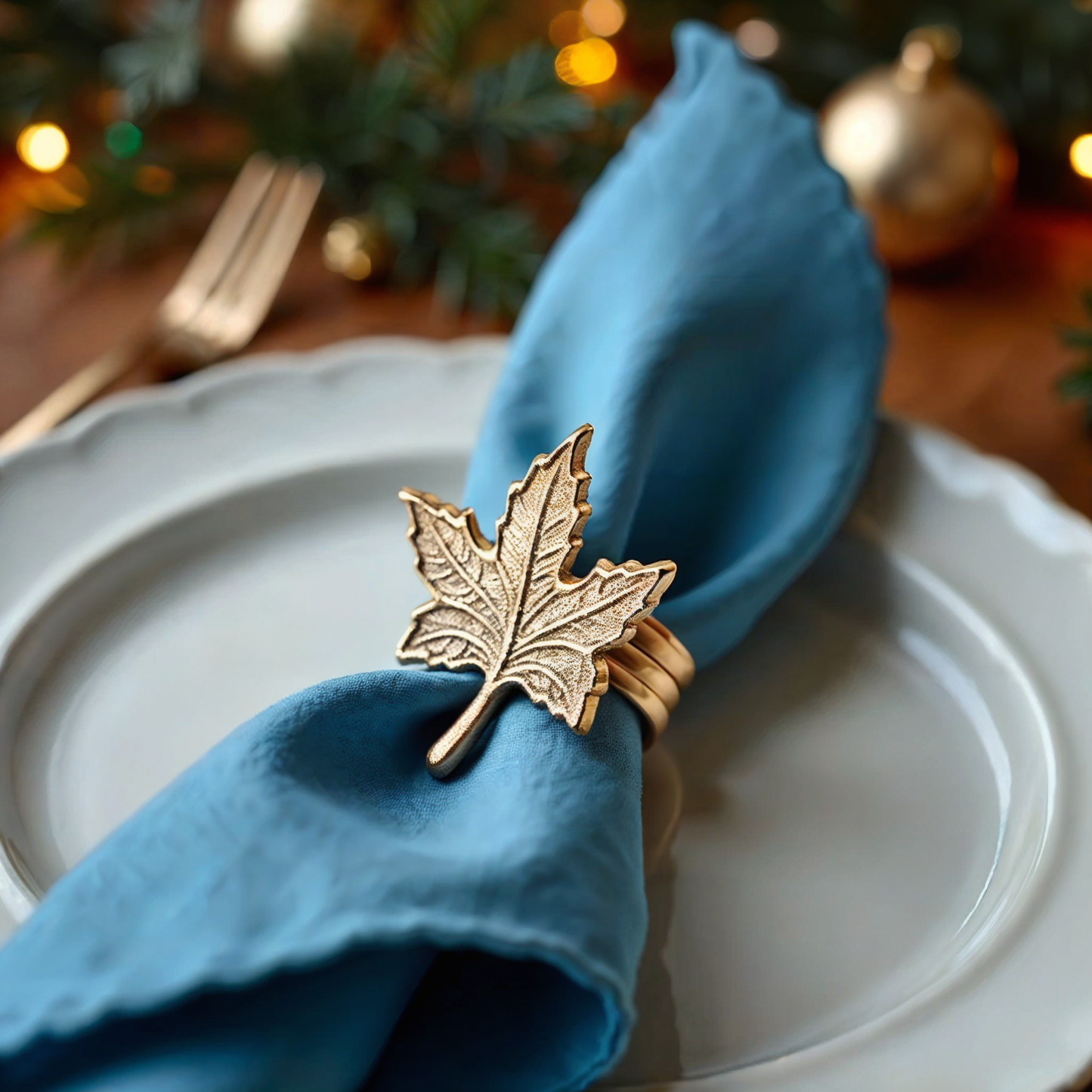 Vintage Maple Leaf Metal Napkin Ring Gold Set of 4