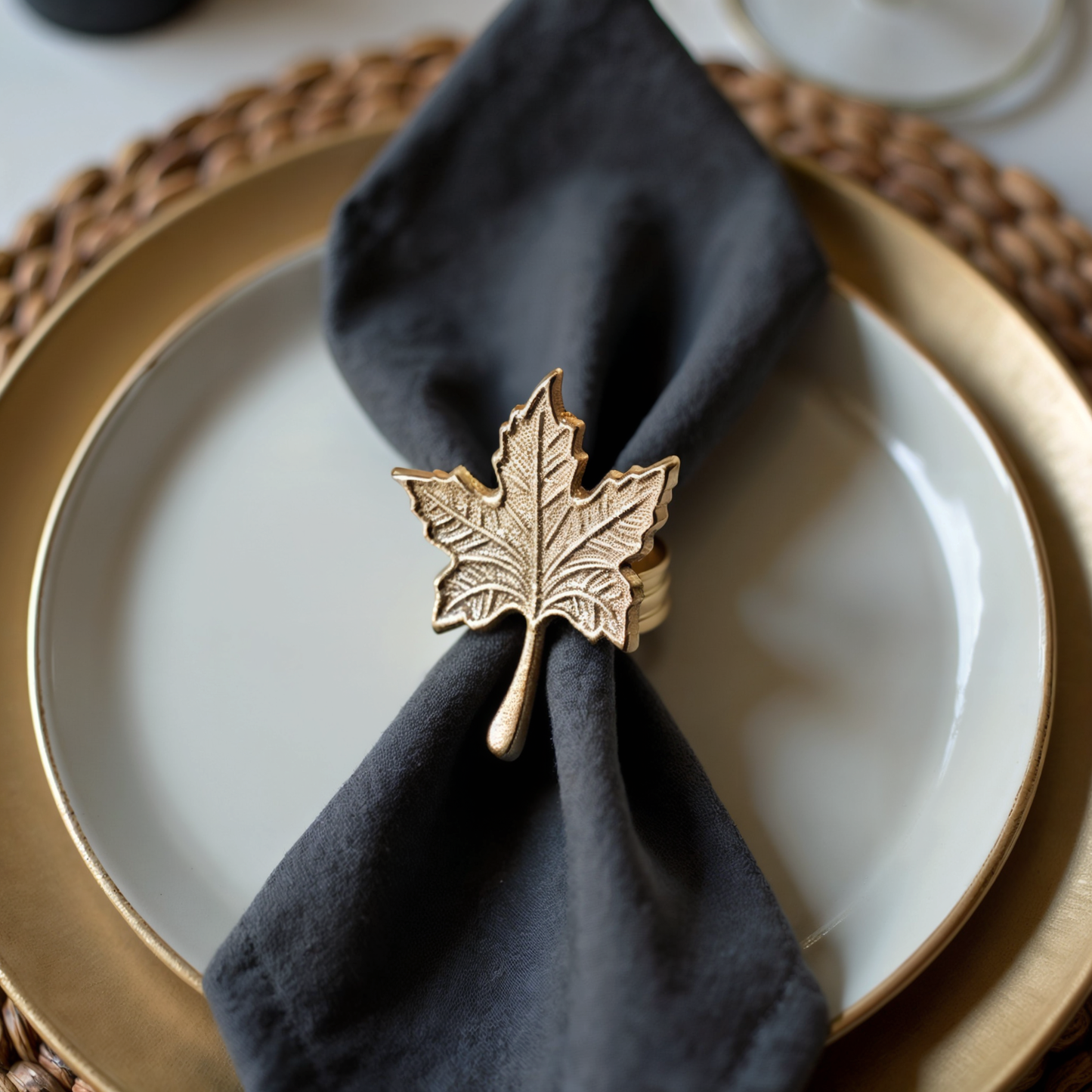 Vintage Maple Leaf Metal Napkin Ring Gold Set of 4