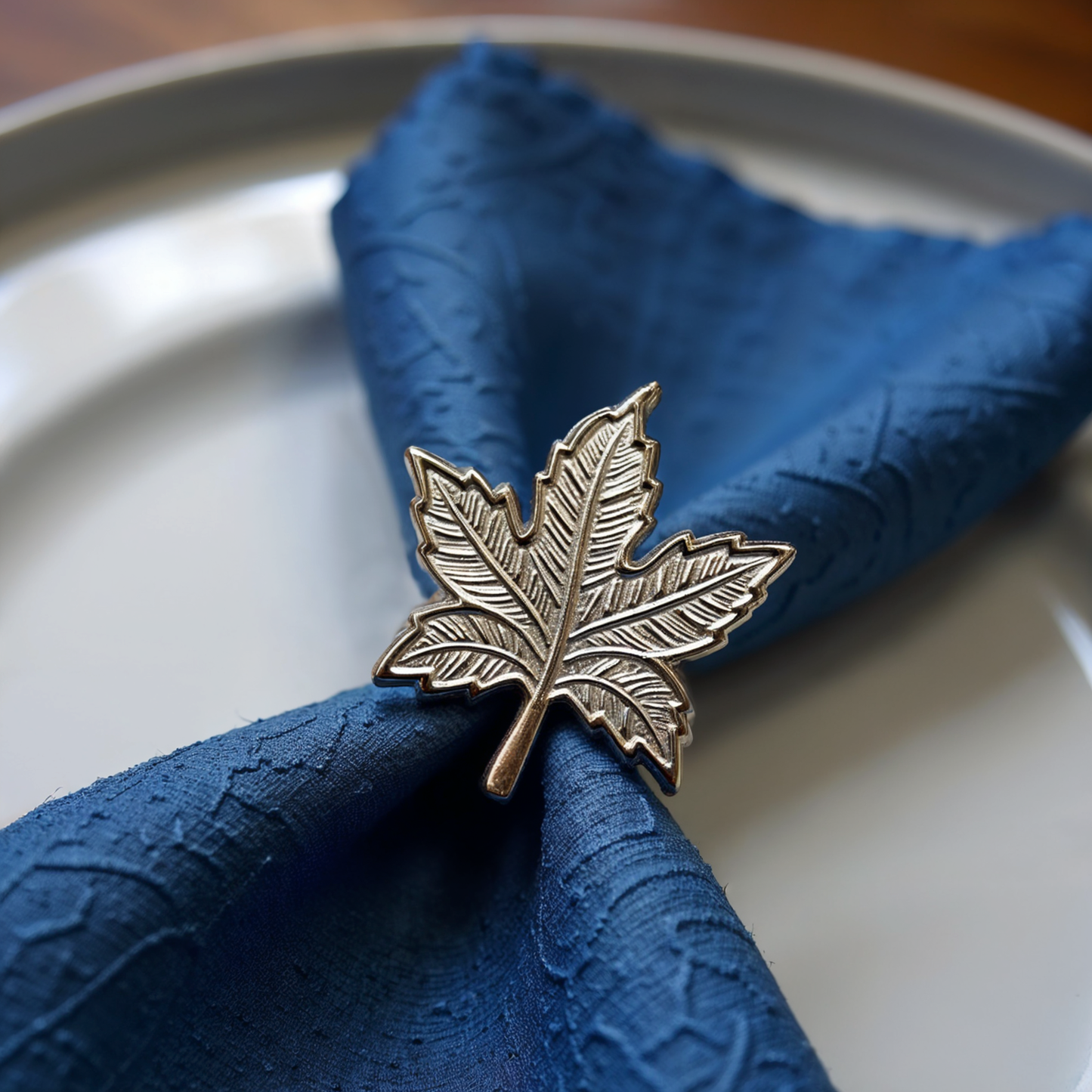 Vintage Maple Leaf Metal Napkin Ring Silver Set of 4