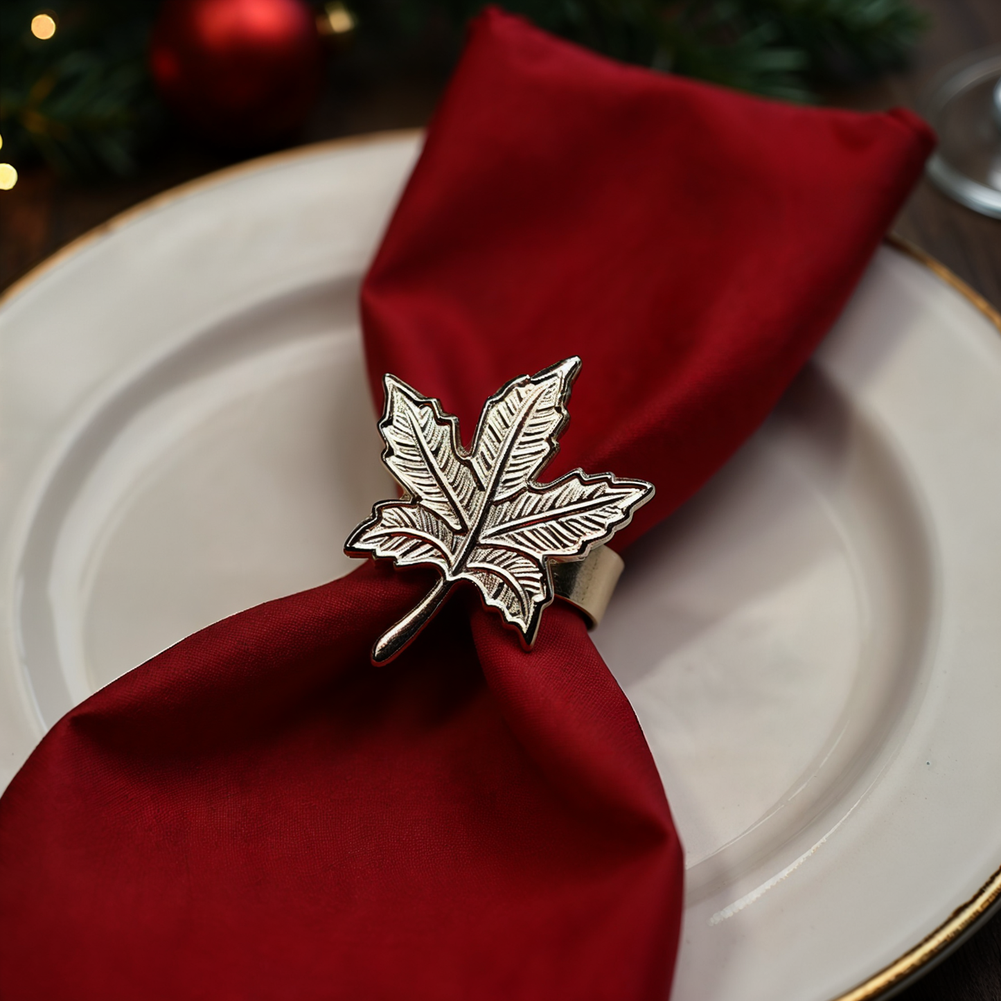 Vintage Maple Leaf Metal Napkin Ring Silver Set of 4