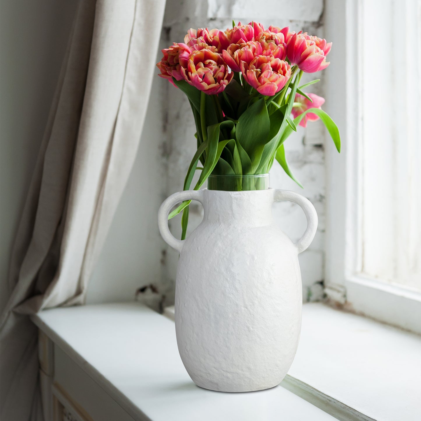 Newport Metal Vase with Handles White Ceramic Finish