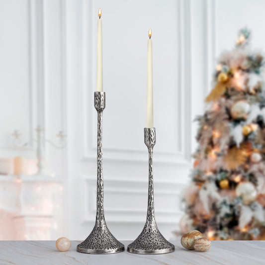 Devon Set of 2 Textured Candle Holders Antique Silver Finish