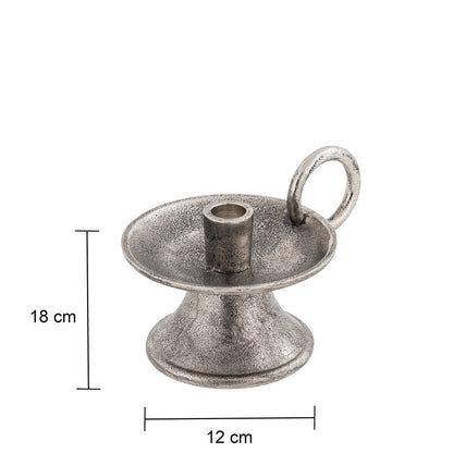 Silver candle holder with dimensions on a white background