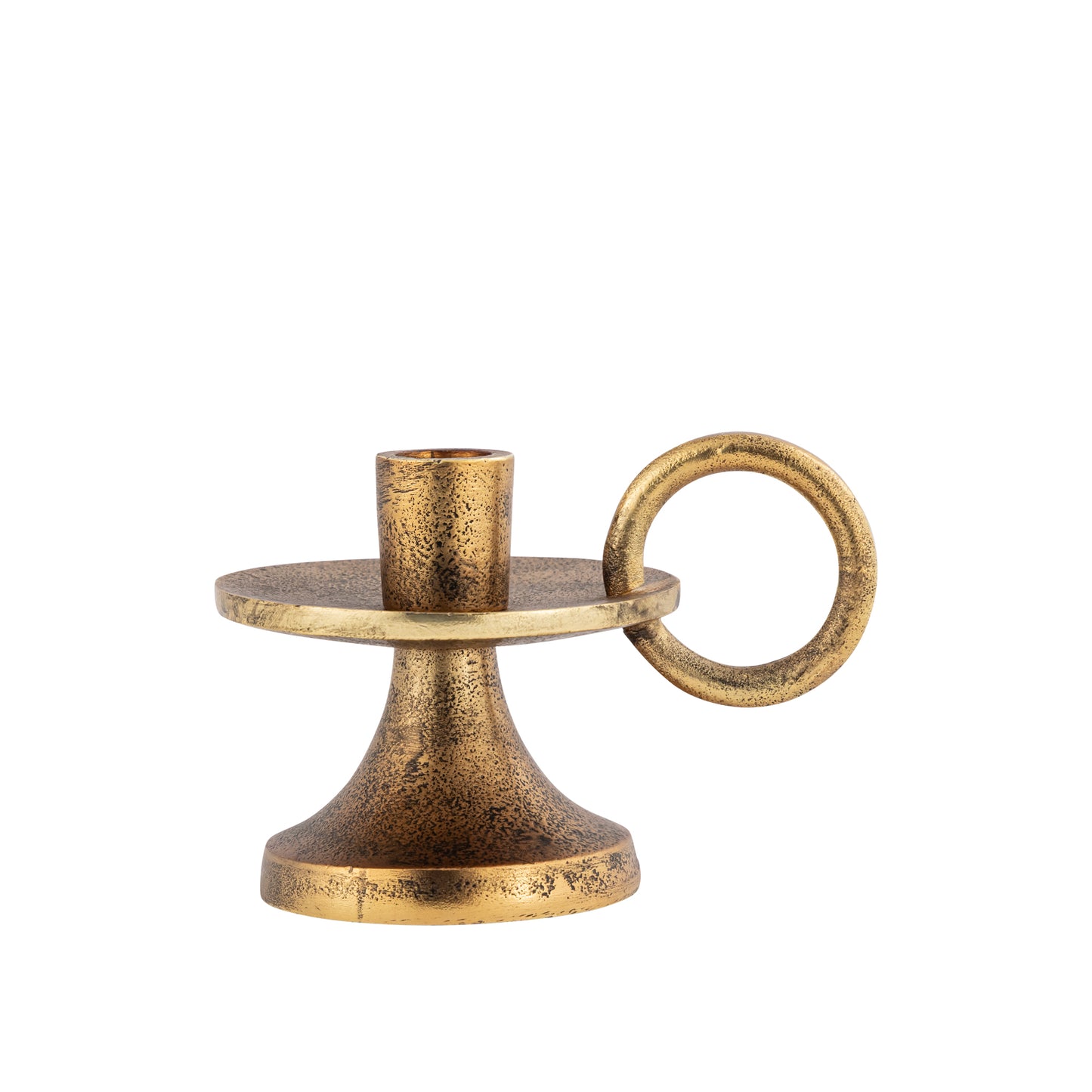 Bronze candle holder with ring design on a white background