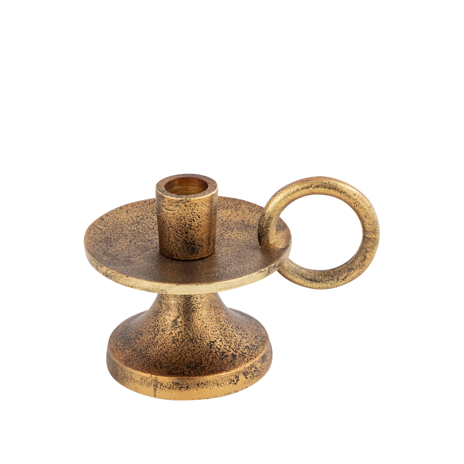 Bronze candle holder with a round base and ring handle on a white background