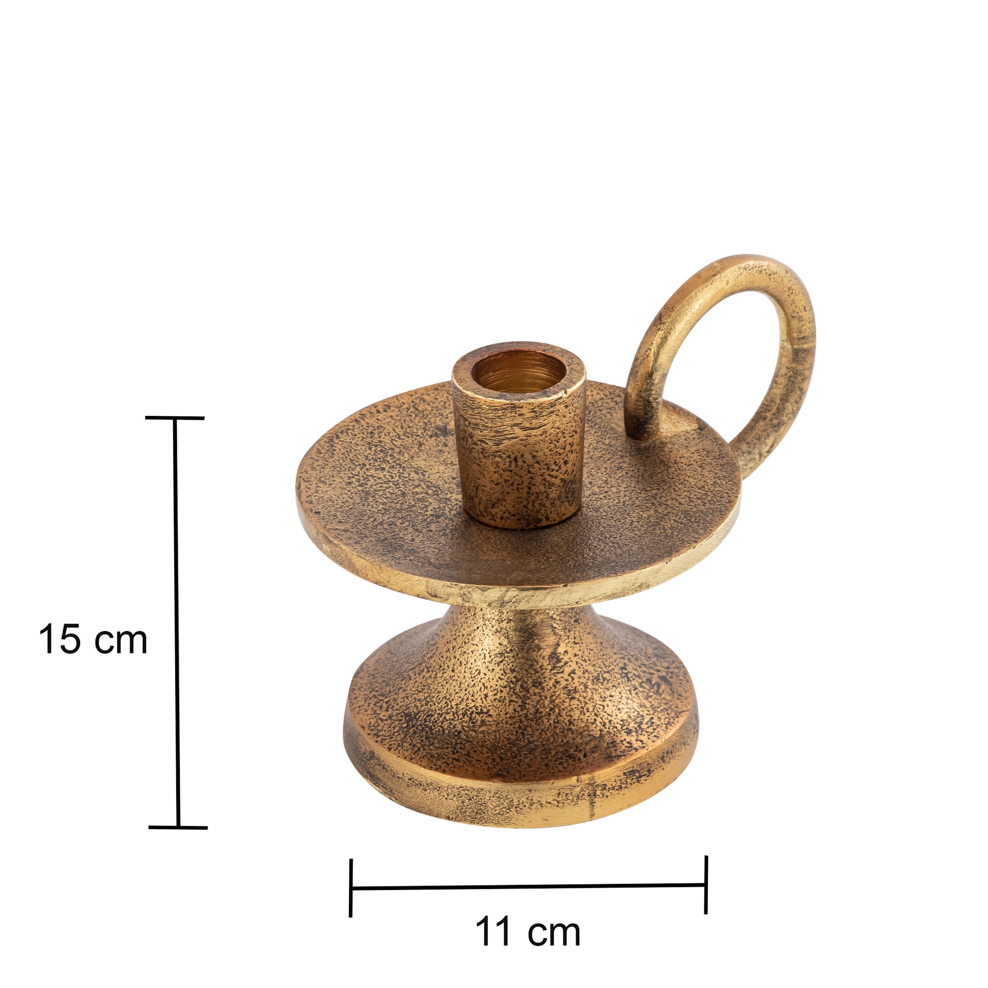 Bronze candle holder with dimensions on a white background