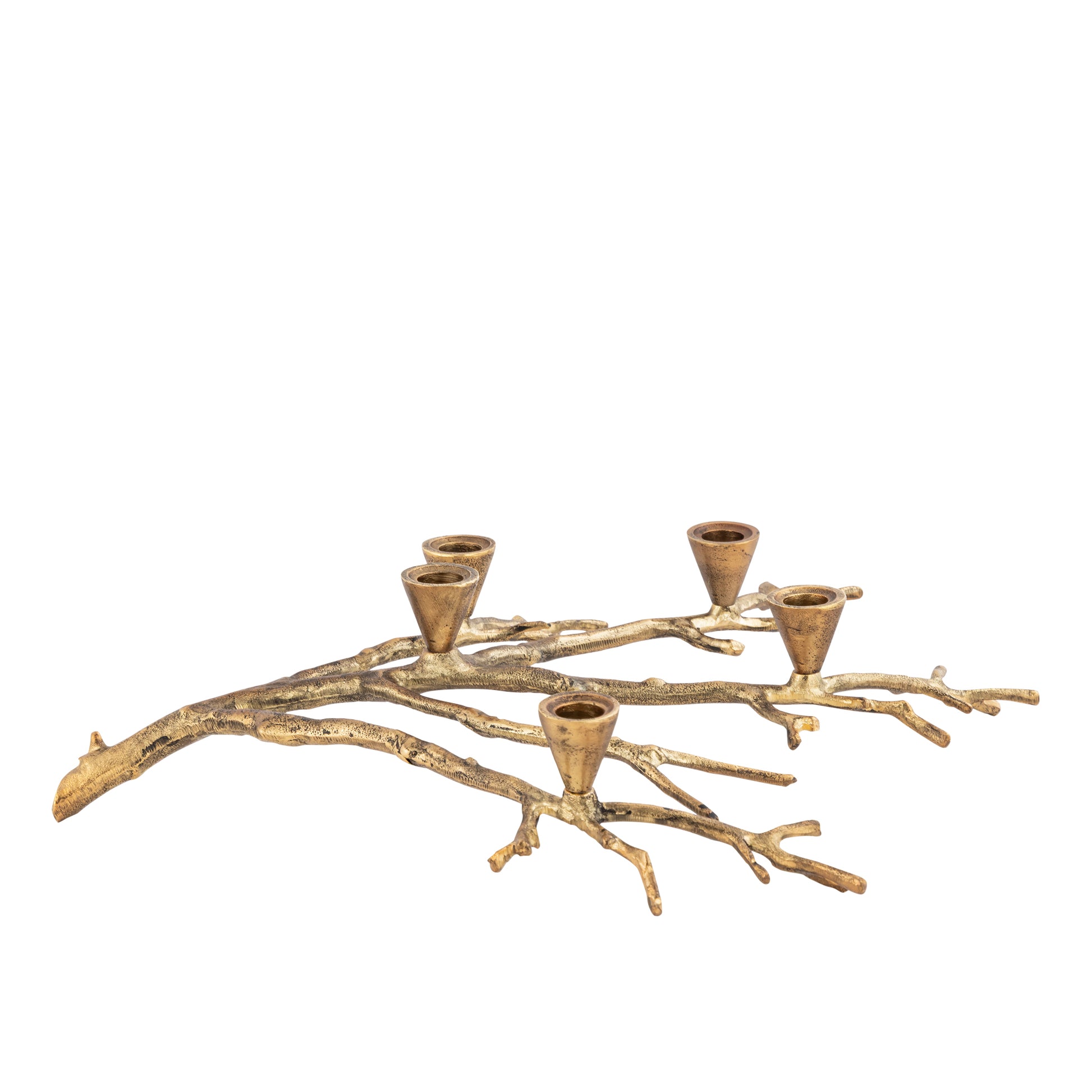 Decorative candle holder shaped like a branch with five small candle holders on a white background