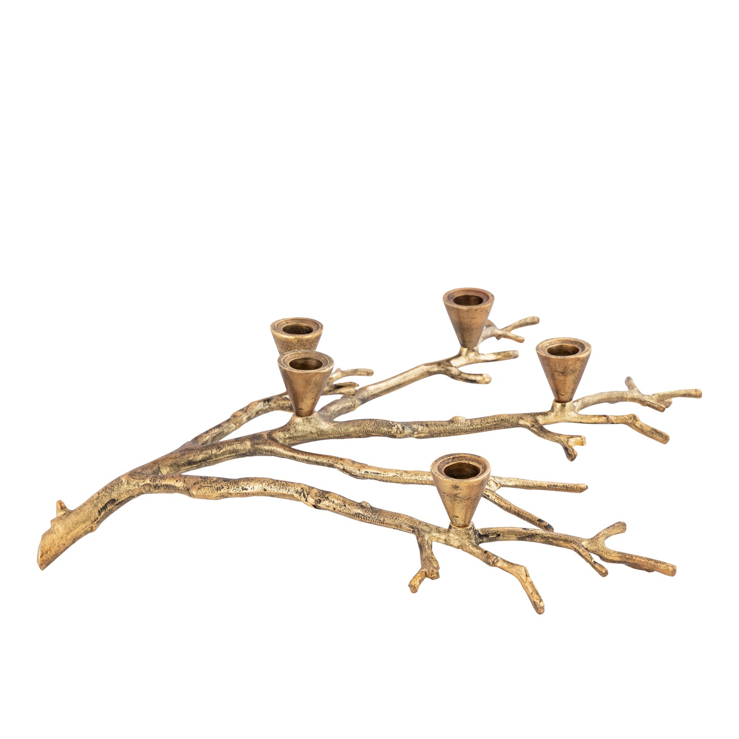 Decorative metal branch with candle holders on a white background