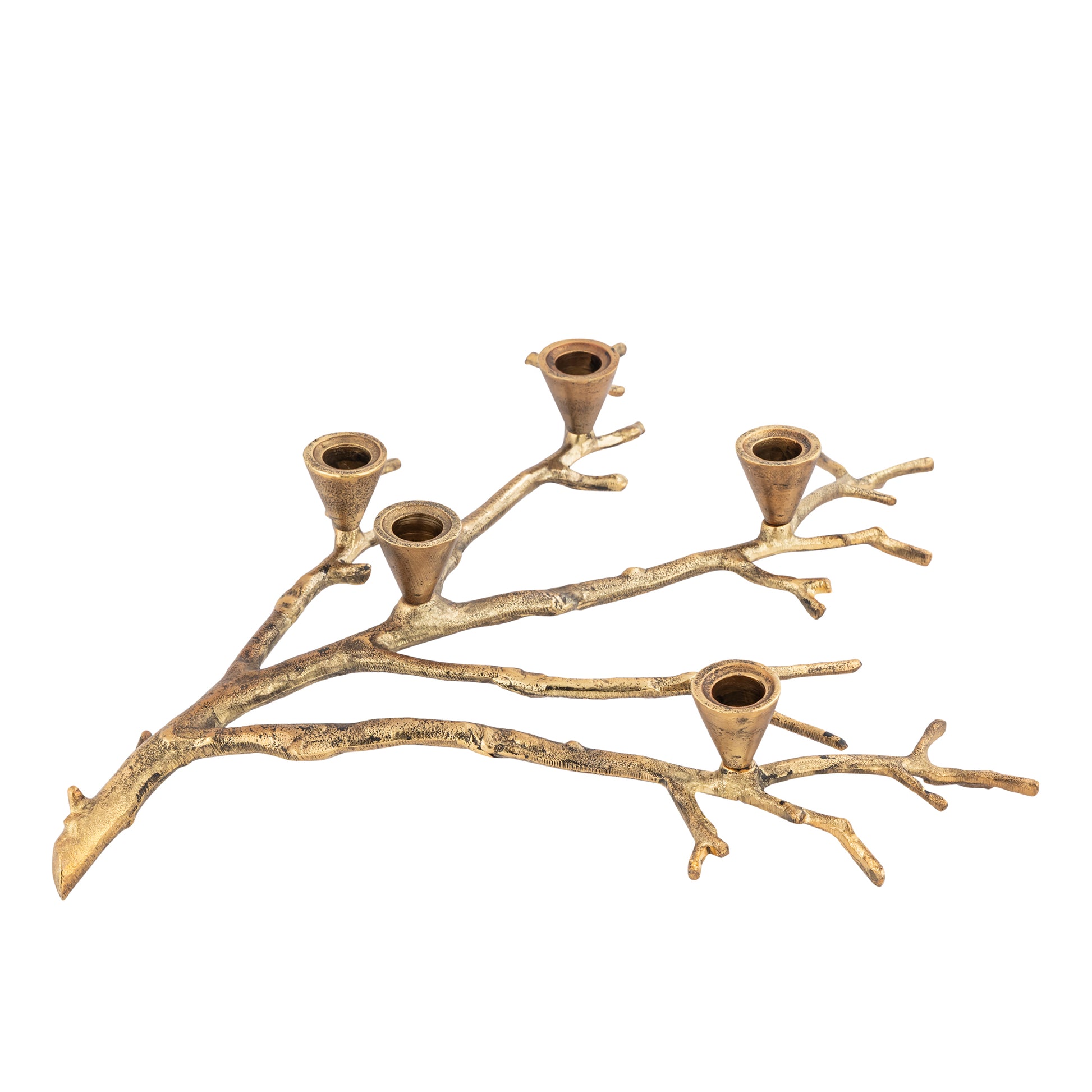 Decorative candle holder shaped like a branch with five candle holders on a white background