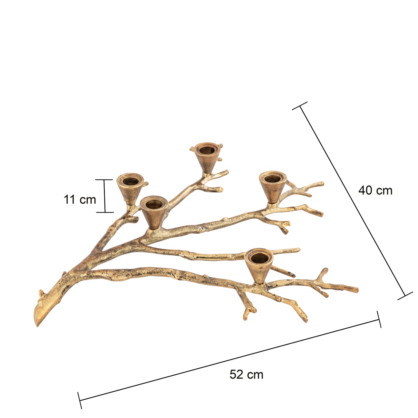 Decorative wall art with branch-like design and candle holders, shown with measurements on a white background.