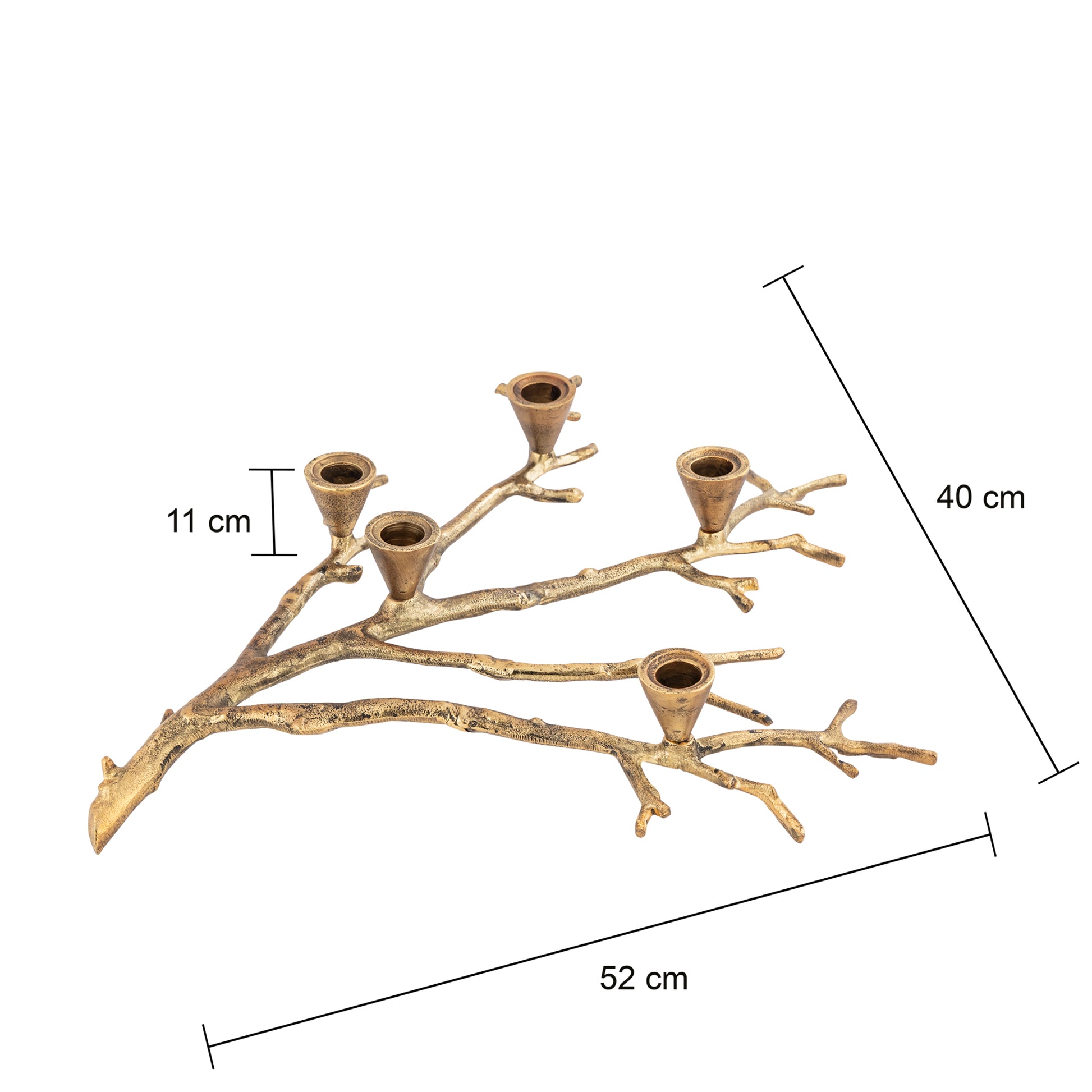 Decorative wall art with branch-like design and candle holders, shown with measurements on a white background.
