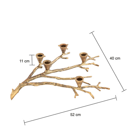 Decorative wall art with branch-like design and candle holders, shown with measurements on a white background.