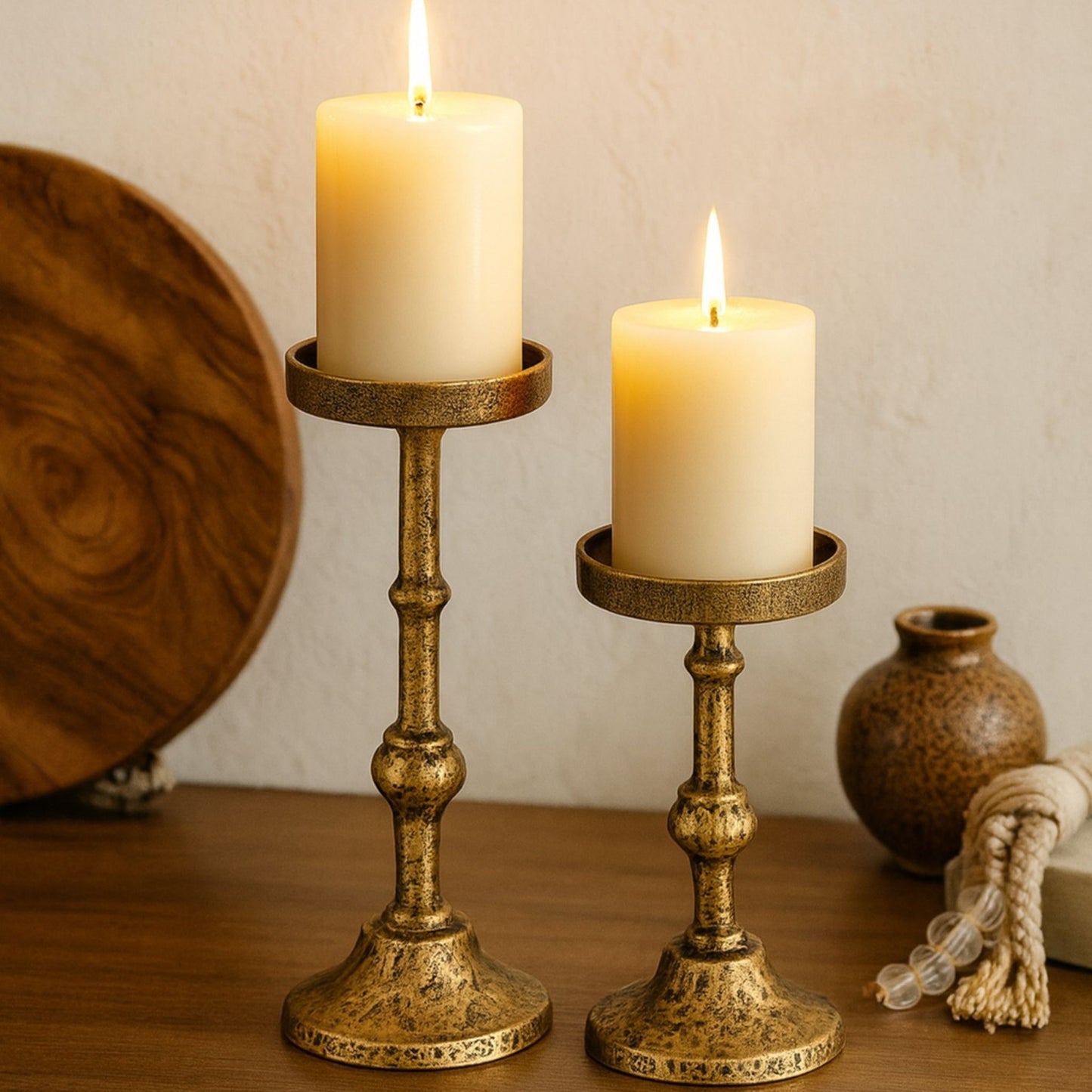 Jarrow Pillar Candle Holders Set of 2 Antique Brass