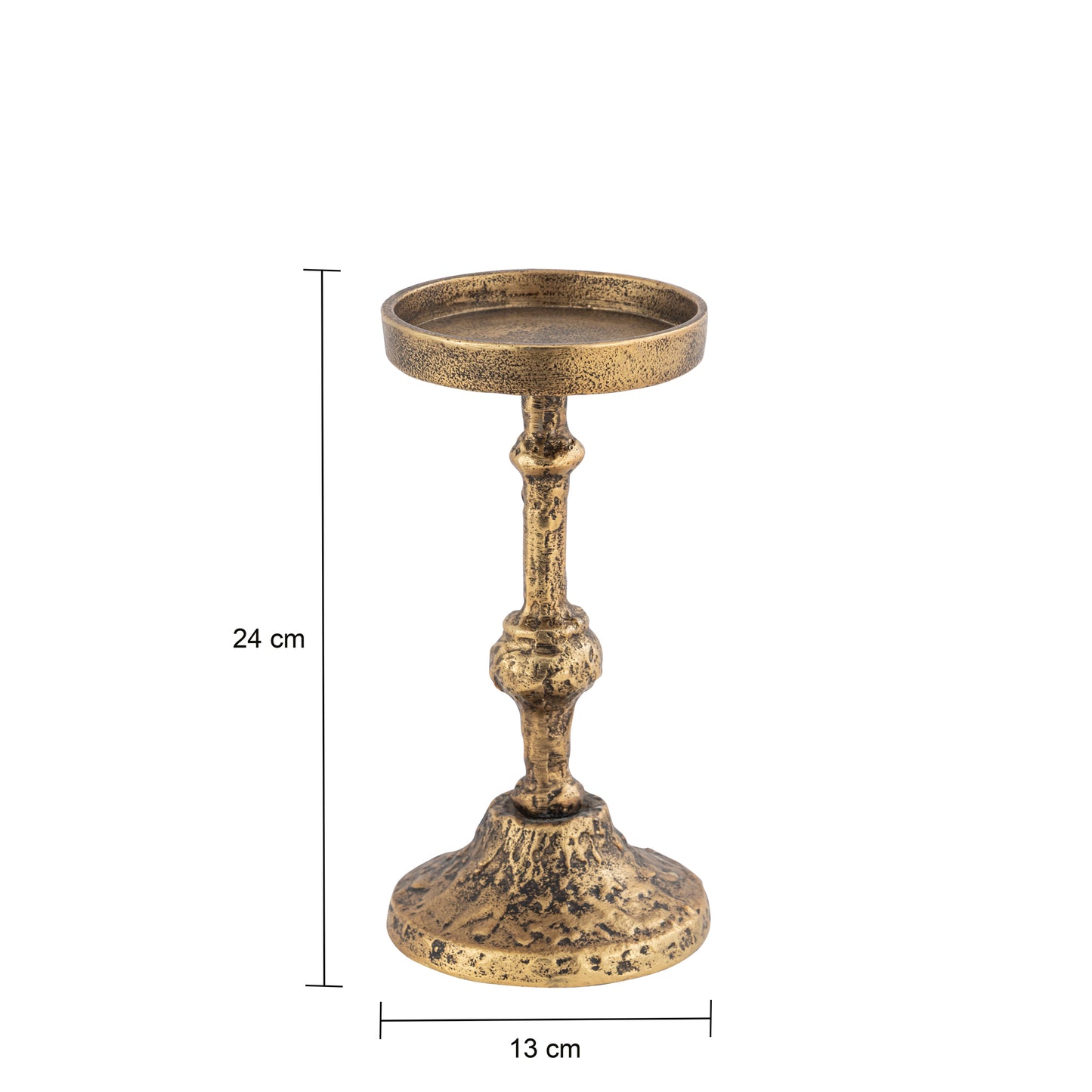 Brass candle holder with dimensions on a white background