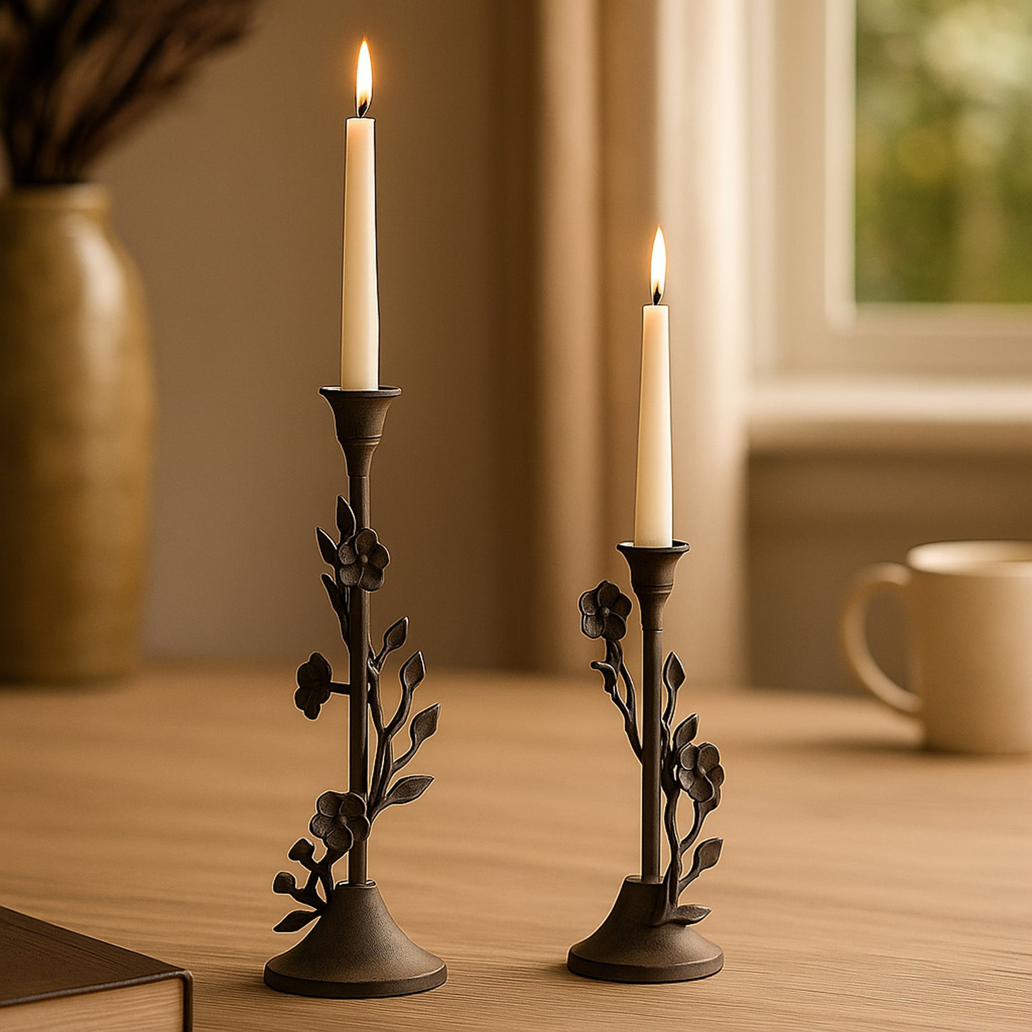 Langport Floral Taper Candle Holders Antique Bronze