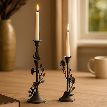 Langport Floral Taper Candle Holders Antique Bronze